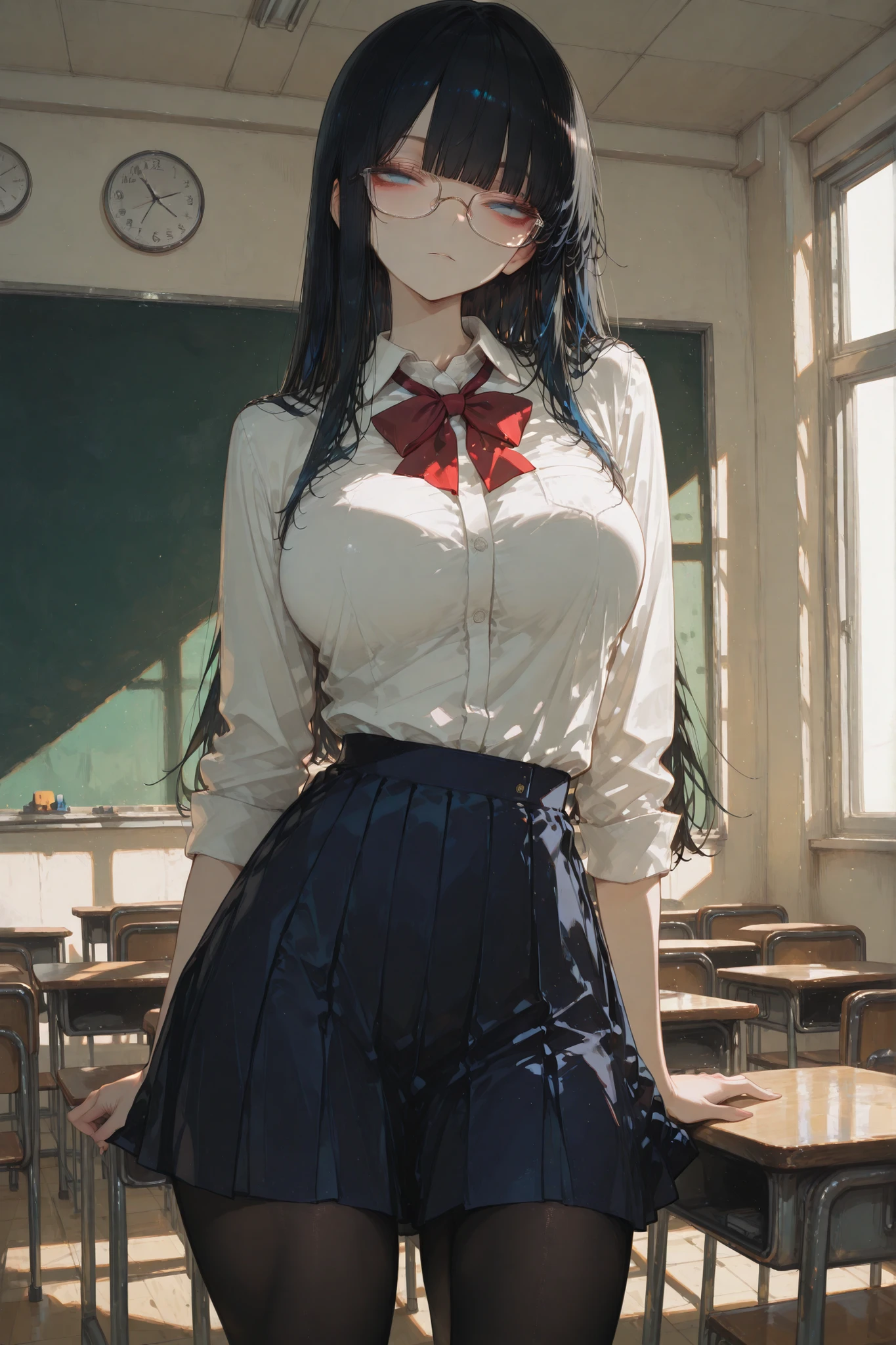 Masterpiece, high quality, one girl, high school student, excellent figure, large breasts, black hair only, long straight hair, bangs, blue eyes, sharp eyes, slanted eyes, lower-edge glasses, uniform, white shirt, dark blue skirt, red uniform ribbon, black tights, standing, warm-colored daytime classroom background, time stopped