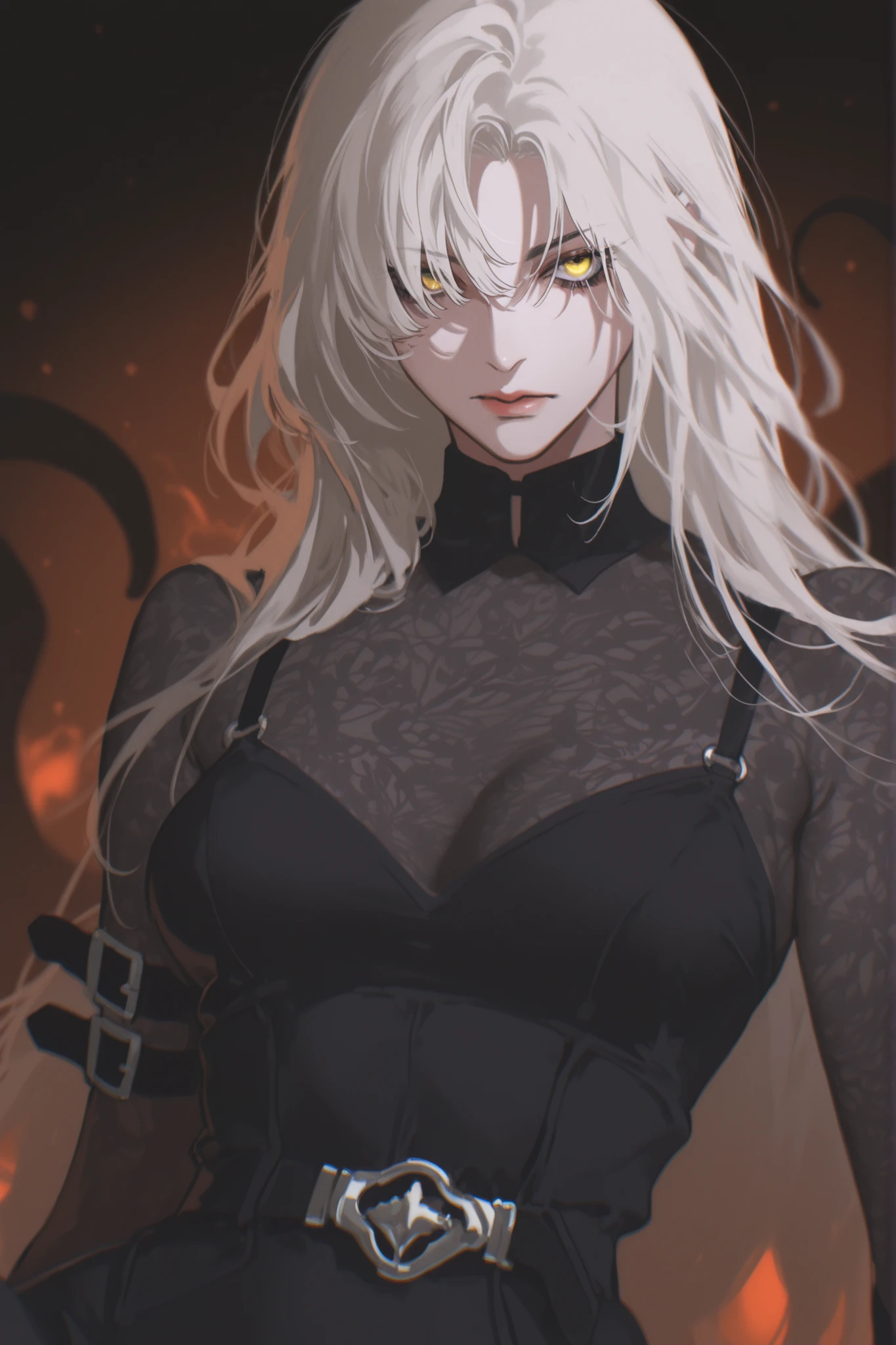  best quality, masterpiece, 1girl, white_hair, long_hair, straight_hair, messy_hair, neutral expression, evil, mature face, dark fantasy, {black, evil, tall lady, splash art}, tentacles, cosmic horror, belts, leg belt, arm belt, pattern undershirt, black undershirt, nox from path to nowhere, bodysuit, black_skirt, fire background, hair over one eye, medium_shot, starry background, dress, round eyes, lingerie pattern), 1girl, blurry, black_shirt, tight dress, eyeliner, anime_style, long gloves, dark background,  serious expression, one-piece black bodysuit, black bodysuit, dark expression, pattern_leggings, blurry_background, 1girl, yoneyama mai, pale, parted_bangs, cut_bangs, yellow eyes, edgy fashion, bold look, fashionable, solo, blurry, chromatic aberration, portrait, rich color, beautiful light, perfect contrast, realistic facial features, detailed features, defined features, detailed hair, semi-realistic style, attractive features, dark colors, dark lighting, painted style, detailed style, black outline, perfect detail, pale skin, eyebags, dull colors, anime style, semi-realistic, cute, boy, clear background, lifeless colors, dirty filter, dark, rough sketch lineart, loose lineart, watercolor coloring, masterpiece, ultra detailed, 4k, 8k, ultra hd, best