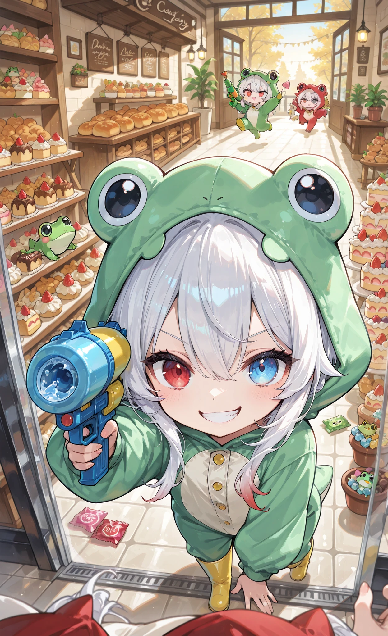 Melys Chibi, (masterpiece:1.2, Best Quality), chibi style, dynamic action scene, 1girl, pure white hair with soft gradient red tips, heterochromia crimson red right eye:1.3 and ice blue left eye:1.3, fair skin, wearing bright green frog onesie with yellow cape, yellow rain boots, close up, upper body, dynamic angle, holding water gun, towering cakes, multiple cakes, ((holding a stack of candy wrappers, count candy)), aiming water gun at pov, character: mischievous grin, running, bakery interior, glass door, potted plants, dusk, sweets behind glass, bakery robbery, "Candy Robber" theme, chaotic fun