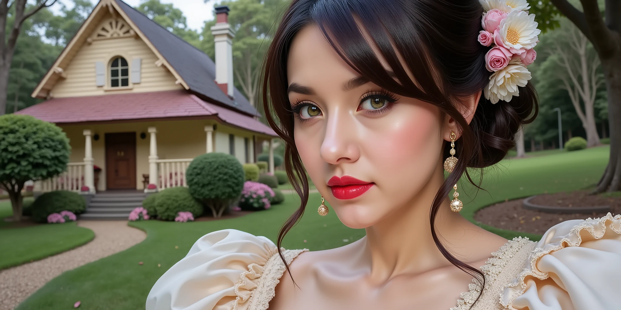 Madame of the French court，Rococo fluffy skirt，（Extremely Delicately Beautiful：1.2），8K，（tmasterpiece：1.0），（Best_quality：1.0），1girll，Mature woman，Complicated details，enlarged textures，Complicated details，Fine eyes and detailed face，Complicated details，（Keep one's mouth shut），perfect  eyes，Equal eyes，Perfect body，extremely detailed nipple，Extremely realistic 3D，Raised sexy，brunette color hair，（（Very detailed eyes））heal，Delicate eyeliner。long eyelasher，greene eyes，Black pupils，There is starlight in the eyes，Delicate lip detailing，Oil painting quality，Thick painting style，Fantasy Forest，Candy Cottage