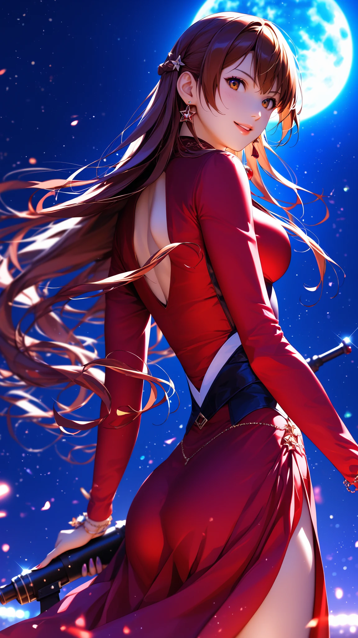 A full-body, ultra-detailed semi-realistic digital painting of a mature French woman in her early 40s, with a slender yet well-balanced figure and a graceful silhouette. She has a modestly full bust that enhances her femininity without exaggeration. Her presence is calm and welcoming, and exudes gentle, confident sensuality. Her proportions follow a tall 10-heads-tall fashion model standard, with elongated limbs, long, shapely legs, a slightly smaller head, and refined, soft facial features that express maturity and kindness. Her narrow hips create a smooth, elegant lower body. Her posture is relaxed and elegant, with a gentle weight shift and naturally positioned arms. She wears a pastel-themed race queen outfit: a glossy lavender and white zip-up cropped top with a soft neckline, paired with an ultra-short asymmetrical skirt in matching tones. Nude-colored high-heeled pumps and minimal accessories complete the clean, feminine look. Her outfit blends softness and sporty sophistication with pastel charm. Her makeup is subtle and natural: soft peach lips, warm blush, and delicate eyeliner that highlights her gentle expression. Her face is softly oval with smooth cheeks, a calm jawline, and a serene, approachable look. Her eyes are round and slightly downturned, projecting quiet warmth and emotional intelligence. She has a small, upturned nose and full lips that rest in a faint, tranquil smile. Her auburn hair is layered and styled in a polished half-up, half-down look, loosely gathered at the crown and flowing in soft waves over her shoulders and down her back, voluminous and refined, with no bangs. She stands at a race venue surrounded by soft ambient lighting, gentle shadows, and shallow depth of field. Masterpiece, best quality, semi-realistic, 8K resolution, hyperrealistic portrait, finely detailed.