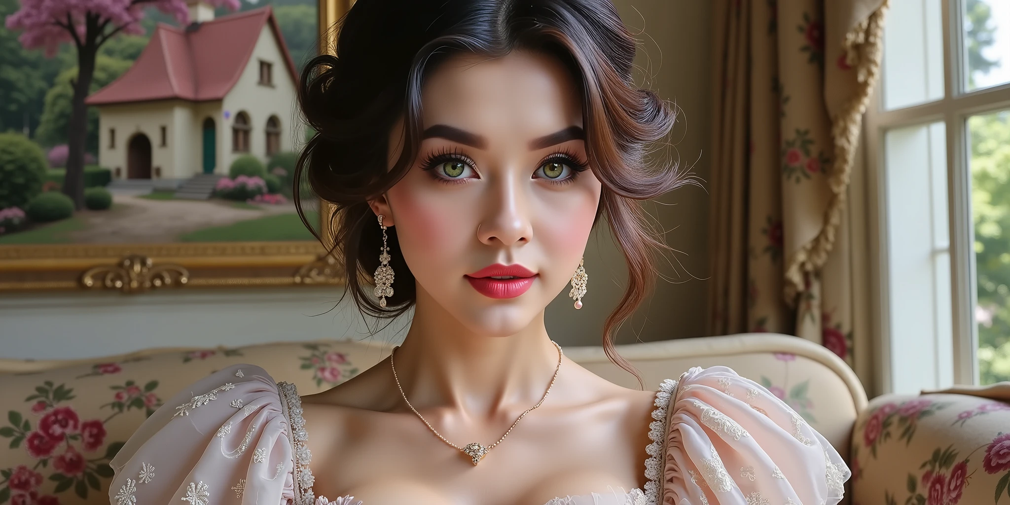 Madame of the French court，Rococo fluffy skirt，（Extremely Delicately Beautiful：1.2），8K，（tmasterpiece：1.0），（Best_quality：1.0），1girll，Mature woman，Complicated details，enlarged textures，Complicated details，Fine eyes and detailed face，Complicated details，（Keep one's mouth shut），perfect  eyes，Equal eyes，Perfect body，extremely detailed nipple，Extremely realistic 3D，Raised sexy，brunette color hair，（（Very detailed eyes））heal，Delicate eyeliner。long eyelasher，greene eyes，Black pupils，There is starlight in the eyes，Delicate lip detailing，Oil painting quality，Thick painting style，Fantasy Forest，Candy Cottage