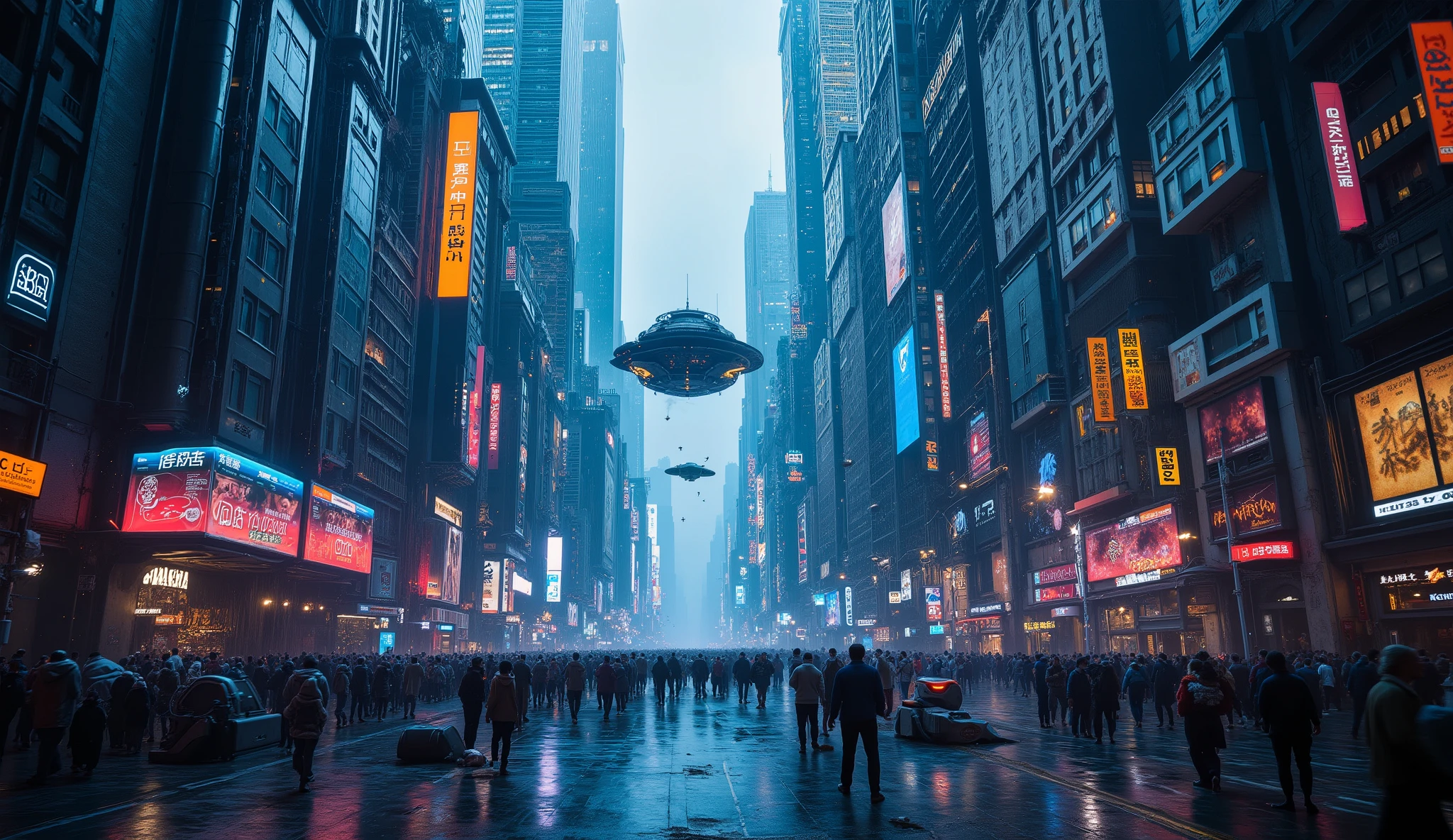 (Highest quality,4k,8 k,high definition,masterpiece:1.2), ultra-detailed. Spaceships fly, firing lasers at each other in the middle of the crowded metropolis of the future. iconic images. Various spacecraft fly and crash into buildings and on the street.  , an ultra-realistic, realism, cinematic photography, Cinematic lighting, } cinematic portrait, portrait photography,  cinematography ,  full focus , UHDR,   visually disorienting , portrait photography, surrealism, Ethereal, cyberpunk cityscape, futurisme, Highest quality, masterpiece.