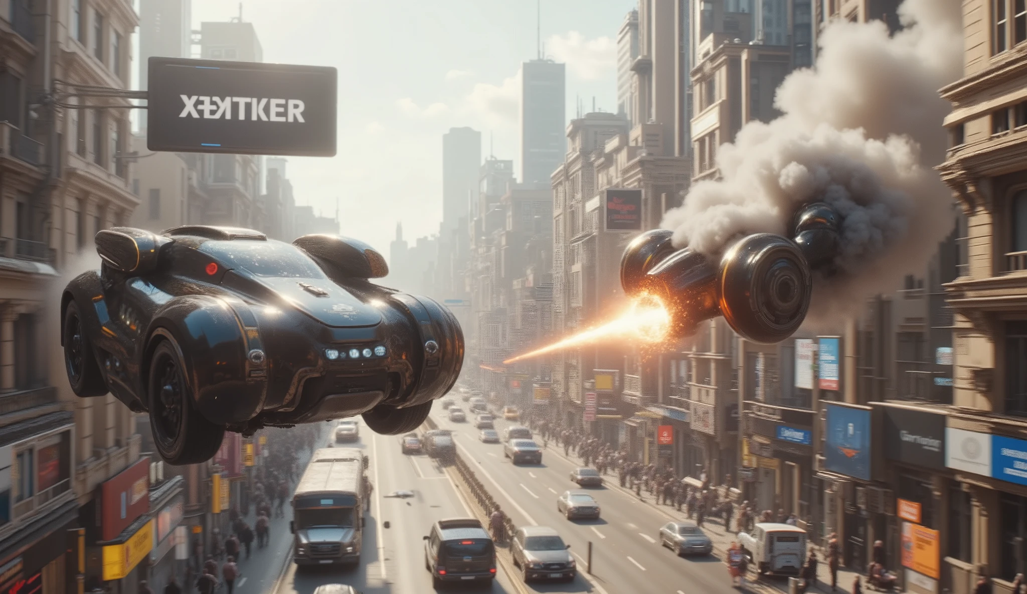 (Highest quality,4k,8 k,high definition,masterpiece:1.2), ultra-detailed. On a clear day, two vehicles can be seen hovering. < Laura :hk-m223c,crazy surgeons,rifle: Suddenly, one of the vehicles opens fire on the other with a futuristic cyber-punk automatic weapon. An exploded vehicle goes into smoke, crashes and explodes down on the street. A shooting vehicle is watching from above, then they slowly and quietly, Move On. , an ultra-realistic, realism, Cinematic photography, Cinematic lighting, } cinematic portrait, portrait photography, cinematography , full focus , UHDR, visually disorienting , portrait photography, surrealism, Ethereal, cyberpunk cityscape, futurisme, Highest quality, masterpiece.