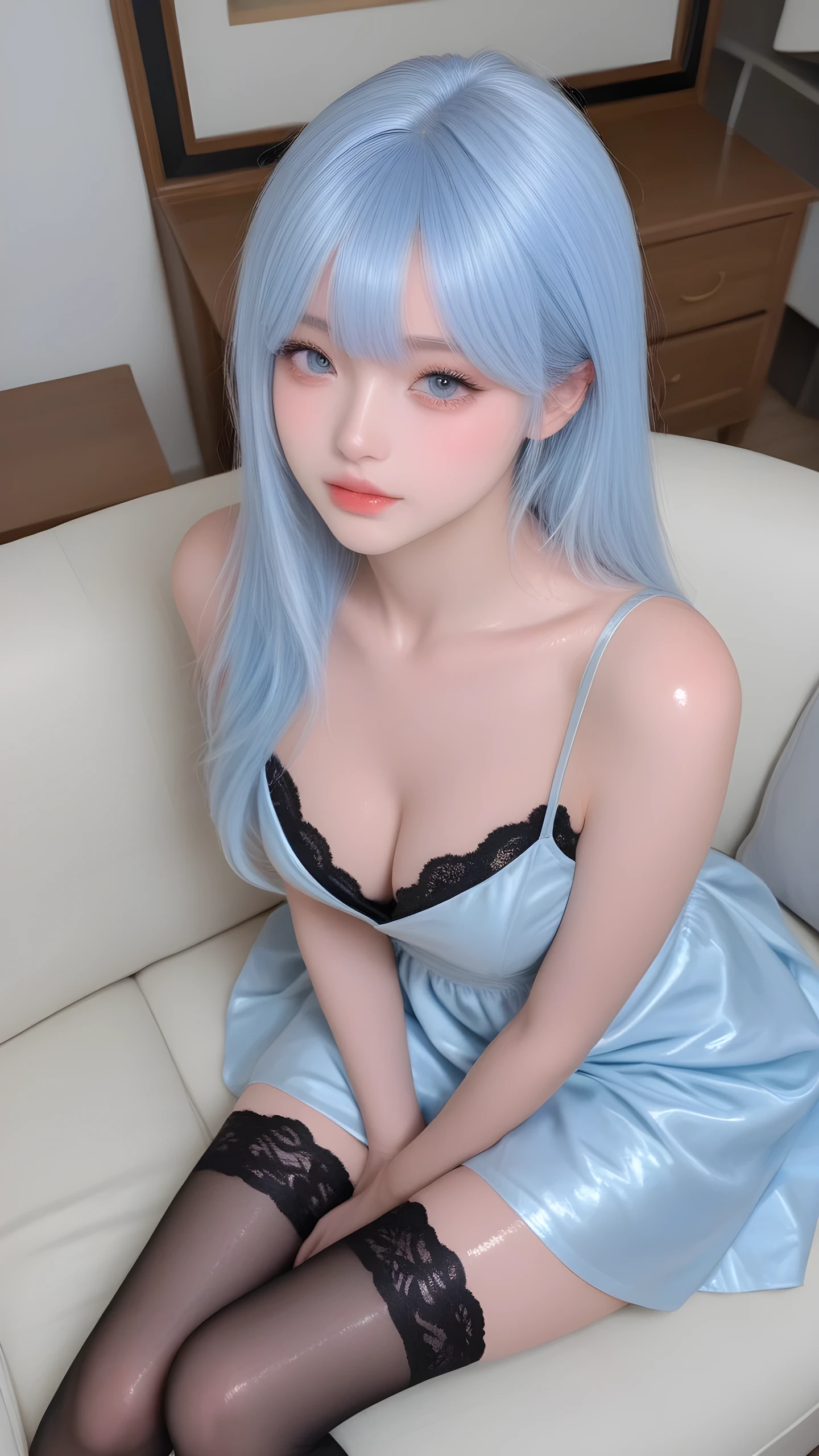 a woman with light blue hair、wearing a light blue dress、full chest、Girl in shiny black lace stockings with pedals is sitting on the sofa。