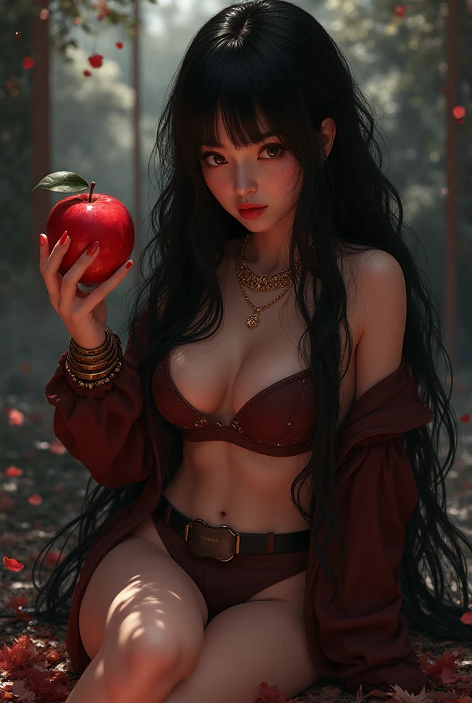 (malevolent), masterpiece, best quality, award-winning, realistic, medium closeup, portrait photo, of (effortlessly beautiful Greek goddess Eris with overflowing dark hair:1.2), ((holding golden apple)), ((perfect face)), alluring eyes, (wearing open front tunic), opulent,  (tempting viewer with her [supple|huge] breasts:1.3), vivid detail, (detailed skin), lifelike texture, (standing in [ancient|divine] garden of the gods on Mt Olympus:1.1), temptation, tranquility, vibrant colors, lush vegetation and trees,  dappled lighting, film like, 35mm film scan, photographed on a Fujifilm GFX 100, 120mm lens, F/2.8 aperture, sharp focus, (hyperdetailed, intricately detailed), photorealistic, artstation, cinestill 800, soft puffy clouds floating in the sky above, HDR, UHD, 8k, absurdres, by midjourney and greg rutkowski, rtx, unrealengine