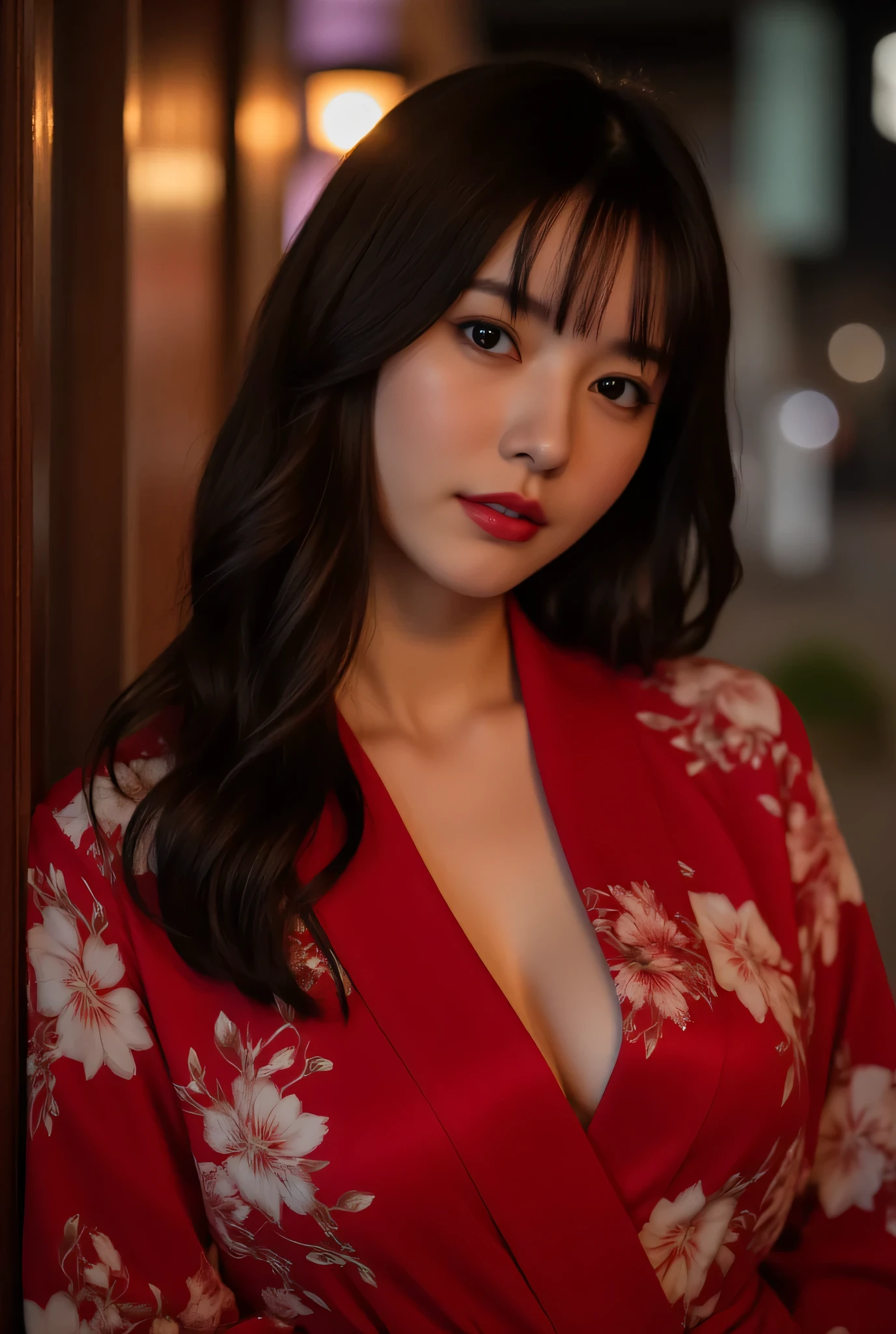 (Highest Quality、greatest masterpiece、8k、Highest Image Quality、winning work)、Beautiful Women、  perfect and beautiful composition    、[collarbone]、(A Flower Girl Wearing a V-Neck Red Kimono:1.5)、(Exposing Her Cleavage Through a V-Neck Kimono With Her Chest Open:1.5)、(A Prostitute Who Seduces Me Sensually:1.2)、Full Body Photo、wavy hair、(standing gracefully:1.1)、Saggy Eyes、 perfect dark makeup 、  Ultra High Resolution Beautiful Face   、ultra high definition hair、Super High Resolution Sparkling Eyes、super high resolution glossy lips、accurate anatomy、(Romantic and Moody Nighttime Entertainment District Background:1.4)