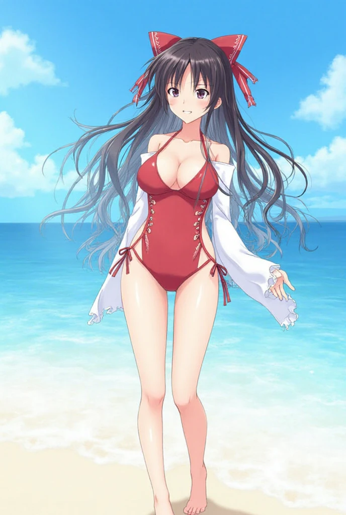 ((best quality)) ((masterpiece))mondaijiasuka, competition swimsuit, red hair bow, brown hair, long hair, bangs, braid, blue eyes, , full body, solo, 1girl, outdoors mondaiji-asuka-nai (????)