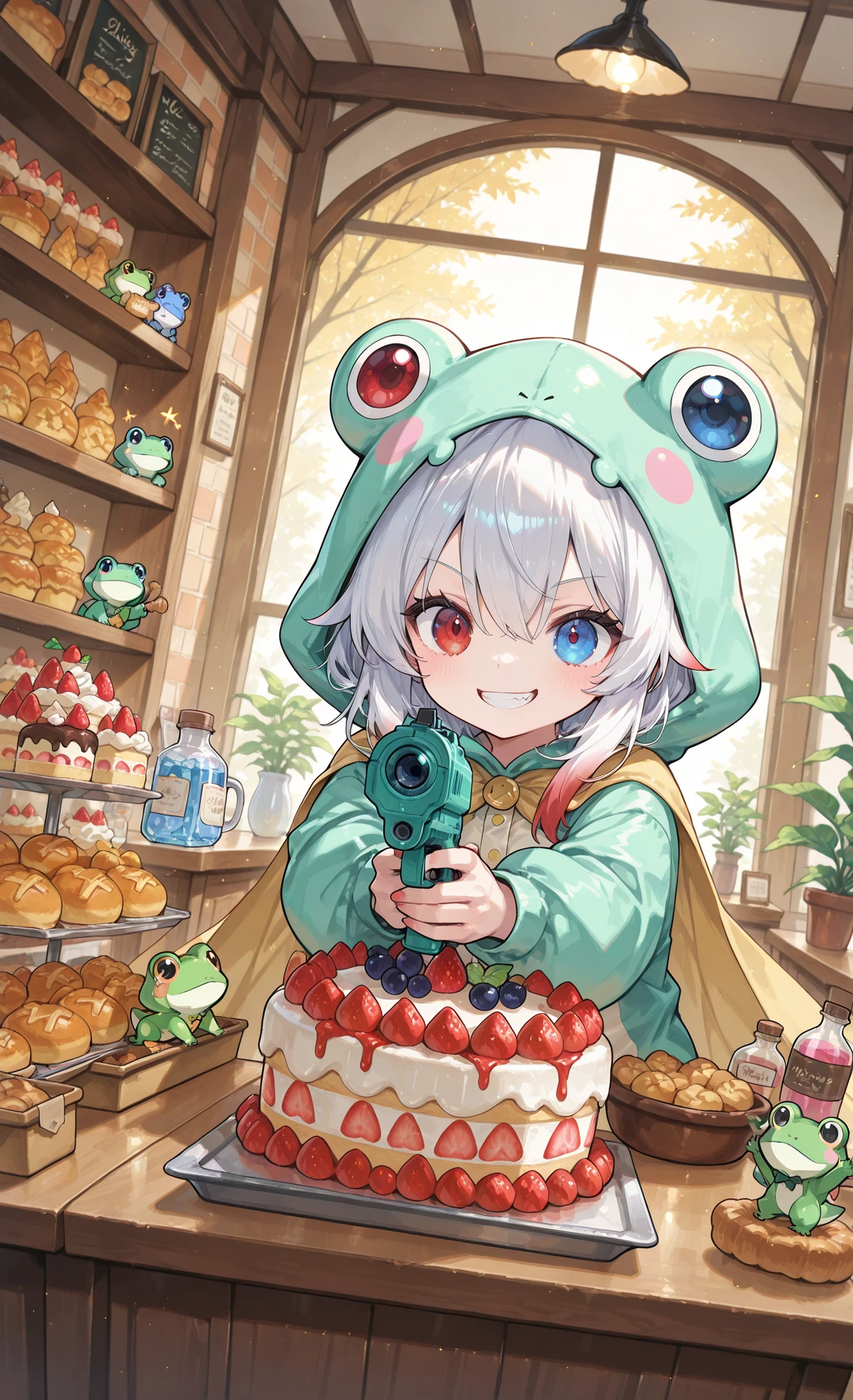 Melys Chibi, (masterpiece:1.2, Best Quality), chibi style, dynamic action scene, 1girl, pure white hair with soft gradient red tips, heterochromia crimson red right eye:1.3 and ice blue left eye:1.3, fair skin, wearing bright green frog onesie with yellow cape, yellow rain boots, she stands at the checkout counter in a pastry shop, close up, upper body, dynamic angle, aiming water pistol at terrified cashier, towering cakes, multiple cakes, cashier handing over bags of sweets, character: mischievous grin, bakery interior, potted plants, dusk, bakery robbery, "Candy Robber" theme, chaotic fun