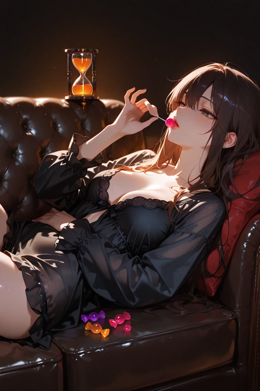 Highest quality,Highest Resolution,Beautiful smiling girl in light purple  in bedroom at night,Black hair ponytail,Very beautiful eyes,(((Drink a drink))),Knee-high stockings,Sweat profusely,Super High Leg,Sexy Lingerie,Ｔback,Outside the window is a night view,