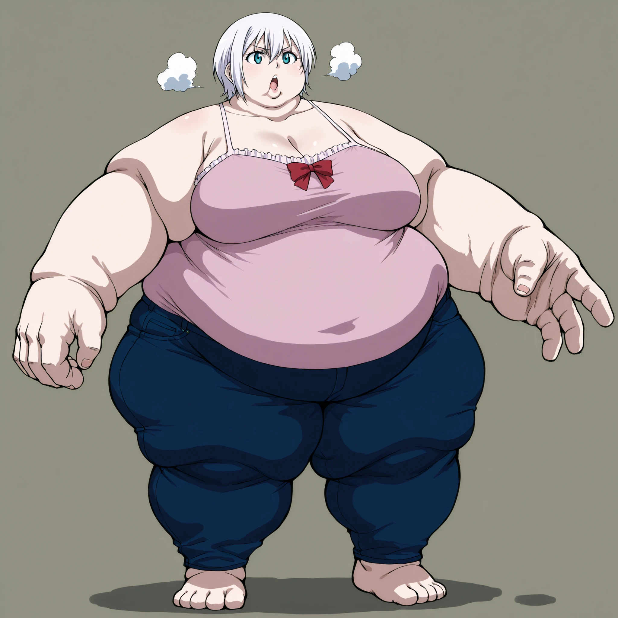 score_9, score_8_up, score_7_up, source_anime,  lisanna strauss, short hair, blue eyes, hair between eyes, white hair, ,, bow,  shoulders, collarbone, pants, red bow, denim, camisole, jeans, pink camisole,  open mouth, out of breath, Larger female, full body shot, only head, large head, oversized limbs, large hands, large feet, oversized feet, oversized fingers, big lips, plump lips, fat face, fupa, big fupa, fat fupa, 