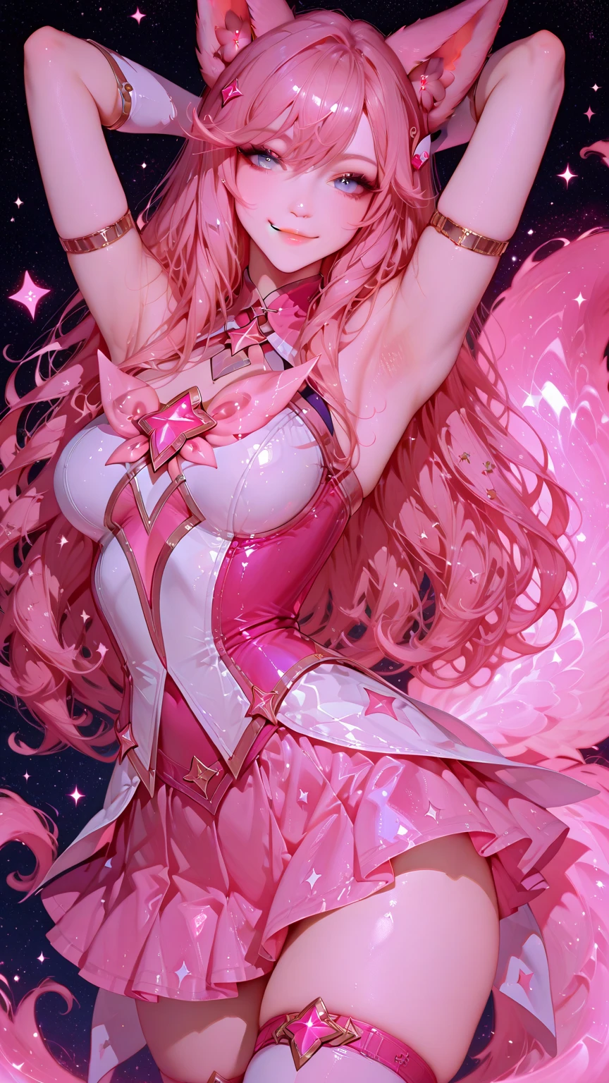 1girl, aerial_fireworks, alternate_costume, animal_ears, aurora, bangs, bare_shoulders, blush, bracelet, breasts, building, china_dress, chinese_clothes, city, city_lights, cityscape, cloud, constellation, covered_navel, cowboy_shot, crescent_moon, desert, dress, dust, earth_\(planet\), embers, eyebrows_visible_through_hair, fireflies, fireworks, fox_ears, full_moon, galaxy, gun, hair_between_eyes, hand_fan, holding, holding_fan, holding_gun, jewelry, light_particles, long_hair, looking_at_viewer, medium_breasts, milky_way, moon, moonlight, nail_polish, night, night_sky, outdoors, pink_dress, pink_hair, pink_skirt, planet, purple_eyes, shooting_star, sidelocks, sky, skyline, skyscraper, smile, snow, snowing, solo, space, space_craft, standing, star_\(sky\), star_\(symbol\), star_guardian_\(league_of_legends\), starry_background, starry_sky, starry_sky_print, tanabata, tanzaku, telescope, twilight, ultimate_madoka, very_long_hair, window, yae_sakura <lora:style_Criin:1>