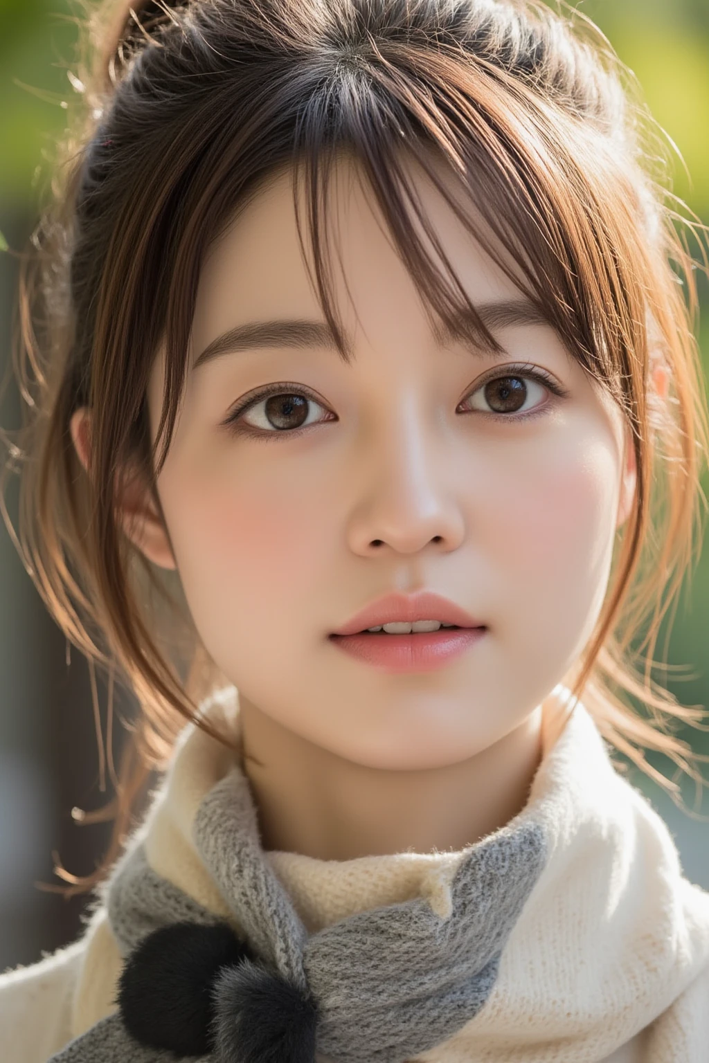 With the alleys of Kyoto in the background、18 year old girl、independent、facing forward、Light eye makeup、brown hair color、Flat 、hair blowing in the wind、quality of actress、shiny, super realistic face、smileの表情、Moist eyes、look up、calming lighting effect、 ultra-realistic capture、very detailed、High resolution 16K close-up of human skin。Skin texture must be natural、Must be detailed enough to see pores、skin is healthy、Must be even tone、Use natural light and color、High quality photos taken by a modeling agency'Exclusive photographer、smile