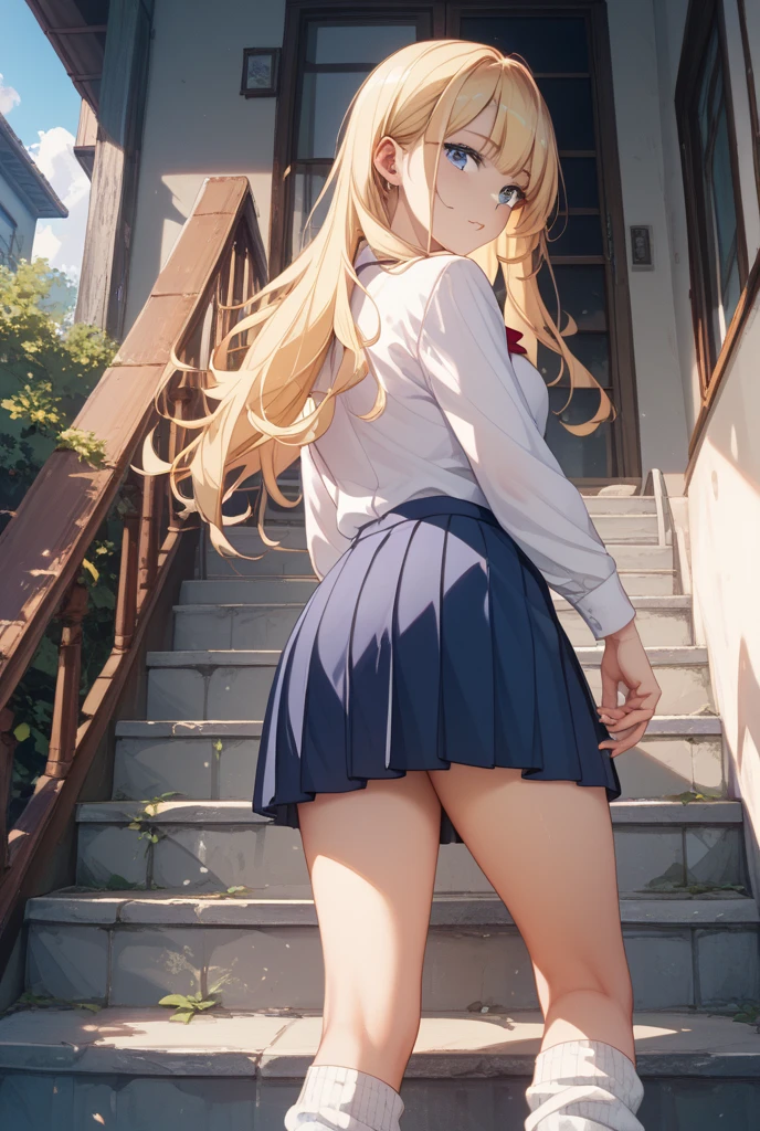 (in 8K, Raw photo, Best Quality, masutepiece:1.2), Best Quality, 超A high resolution,Natural lighting,Professional Writing,1girl in,kawaii,Cute,A detailed face,18 beautiful girls,(Colossal tits:1.3),Beautiful breasts,slender, (white  :1.2), ass forcus, Full body, (), Looking back, (From below:1.2), (pantyshot:0.8), stairway, Walking, (Holding the skirt with your hands:1.2), Golden head hair, length hair, Straight hair, Target seismic intensity
