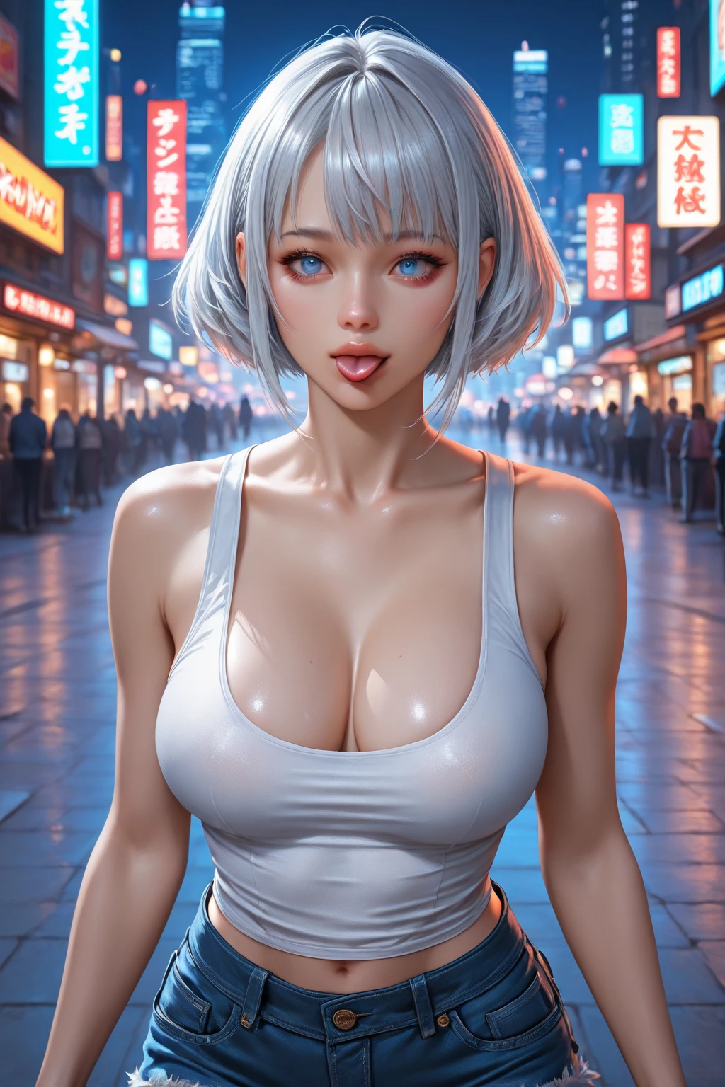 Street, street, dark sky, brilliant lights (Masterpiece: 1.0), (best_quality: 1.0), Ultra High Resolution, 4K, Ultra Detail, Photography, 8K, HDR, High Resolution, Absurd:1.2, Kodak Portra 400, Film Granular, Background Blur, Bokeh:1.2, Lens Flare, (vibrant_color:1.2) (Beautiful, Large_Breasts:1.2), (beautiful_ face: 1.5), (narrow_waist), revealing clothes,  shoulders, sexy breasts, black stockings, tongue sticking out,,, halter neck, armpits, 1 girl, dress, white hair, low-cut neckline, black dress, skirt, jewelry, necklace, halter neck, evening dress, handbag, double ponytail, thighs, armpits, bangs, sideburns,  shoulders, solo, backless dress, shiny skin, mature woman,,, Suitable for skin, sexy, big breasts, cute, cougar, tongue sticking, rubbing, eye rolling, back, big ass, big breasts, sexy breasts, sexy breasts, sexy breasts,  clothes, , human wife, , , sagging big tits, slender waist, deep cleavage, plump big tits, pink, pink boobs, , a stick clipped to chest, official art, masterpiece, sharp focus, (Beautiful gorgeous cute Korean woman: 1.3), (Beautiful cute Korean: 1.3), Korean beauty, delicate beautiful hair and eyes and face, realistic, super detailed, beautiful girl, blue sky, glowing white particles, (Side light: 1.2), sunlight, white clouds, delicate clouds, slender, cute big buttocks, wet body, wet body, wet whole body,  waist, , wet body Look at the audience, Extra large breasts, , Loose Big Breasts,  Big Breasts, Big Breasts for Hands, Hand Chest, boobs, big breasts, eat male  organs, eat, contain big, boobs ,,, insertion, in place, big breasts insertion, big breasts, big breasts, sexy, cute, charming, realistic, feminine, wet, full body, wet, , cute, happy, excellent figure, excellent figure, perfect figure, good figure --auto