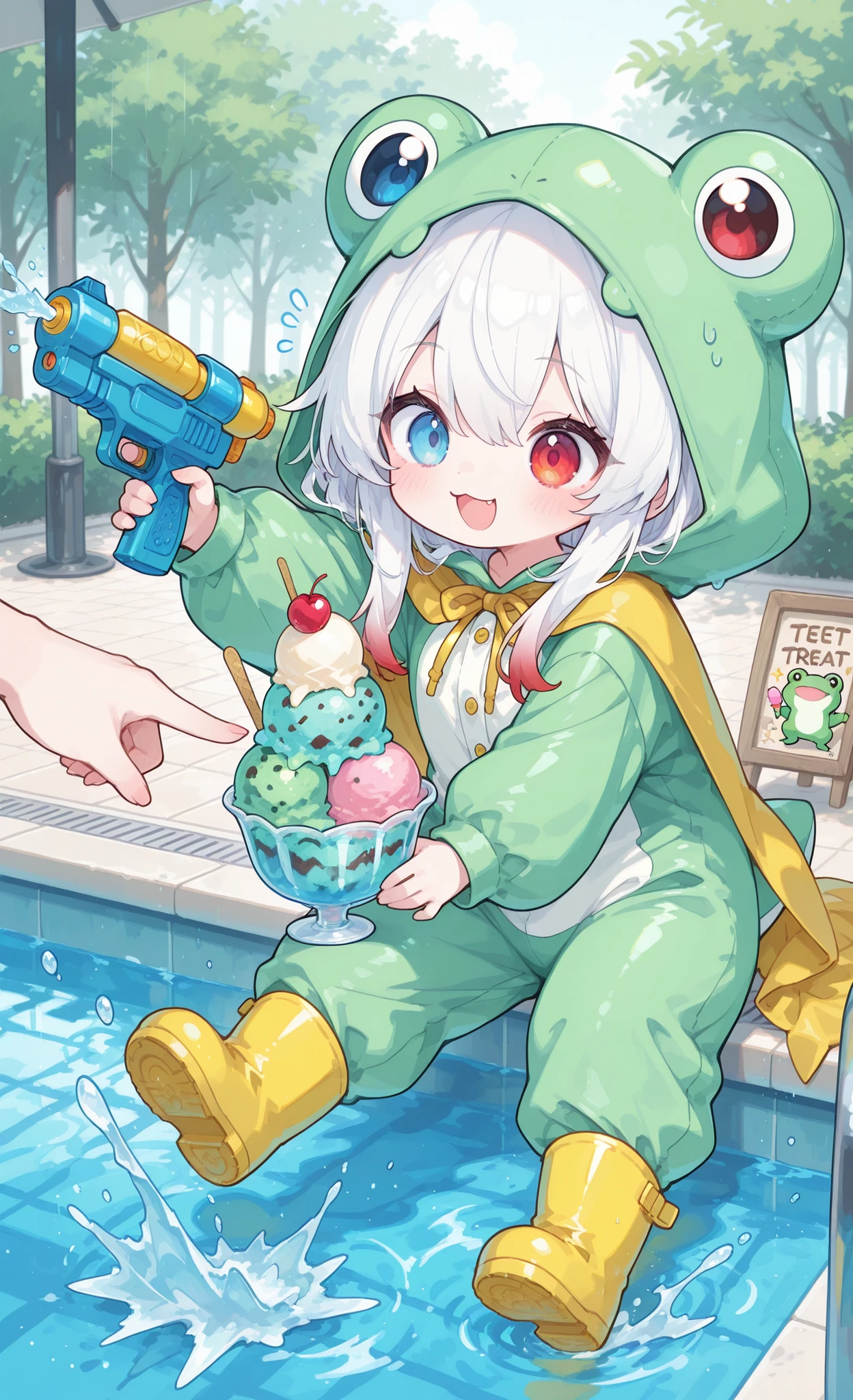 Melys Chibi, masterpiece, best quality, ultra-detailed:1.3, chibi style, dynamic action scene, 1girl, pure white hair with soft gradient red tips, heterochromia crimson red right eye:1.3 and ice blue left eye:1.3, fair skin, wearing bright green frog onesie with yellow cape, yellow rain boots, holding up poolside ice cream stand with water pistol, terrified ice cream vendor raising hands in surrender, vendor frantically scooping ice cream into cones, Melys pointing pistol with one hand while grabbing ice cream tubs with other hand, "Ice Cream" sign clearly visible on stand, colorful ice cream flavors displayed, pool floats in water nearby, splashing, bright summer day, determined greedy expression, "Candy Robber" theme, sweet treat heist