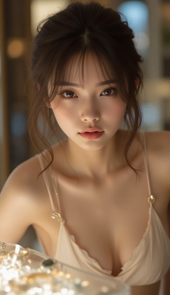 (最high qualityの写真, 8K display: 1.2, surreal, Facial expressions like in the photo: 1.37), (K-POP idol), on stage, (Microphone in hand), red see-through lingerie set, show panties, red bra, Cowboy style, (Horn), tears, whole body, dynamic. exposed ?????, cleavage, (???????????), (RAW photo: 1.3), black curly hair, dramatic lighting, masterpiece, 最high quality, high quality, High resolution､