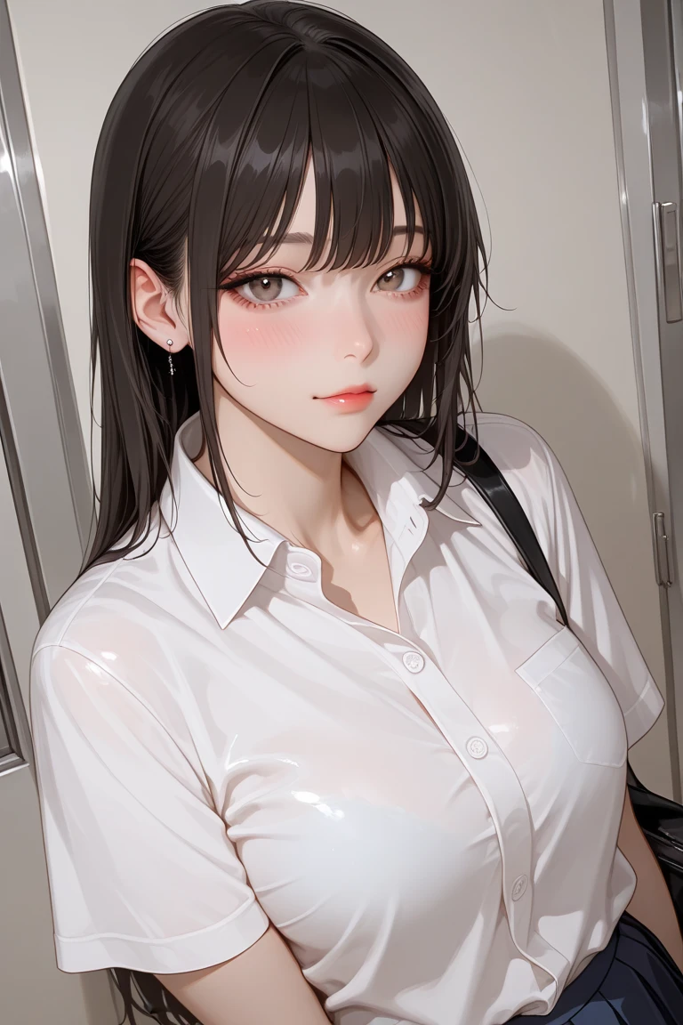 1lady standing, /(casual shirt/) (black pencil skirt:1.1) /(id card lanyard/), mature female, /(brown hair/) bangs, , lips apart, blush, , (masterpiece best quality:1.2) delicate illustration ultra-detailed BREAK /(modern office indoors/), window skyscraper