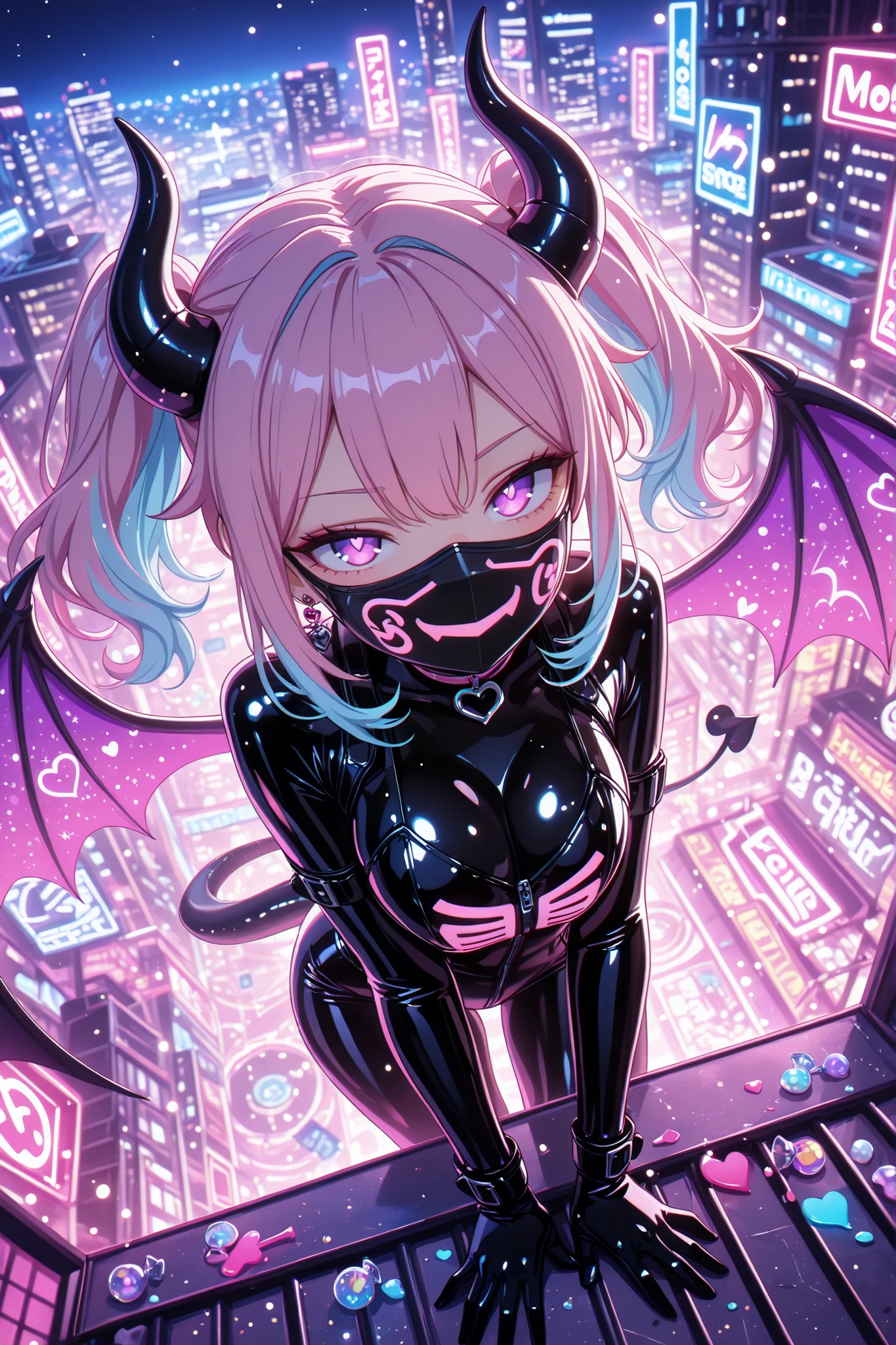 (masterpiece, best quality:1.1, ultra-detailed, 8k, neon light art style, cinematic moody contrast, reflective latex texture)

perspective dynamic from above,
((candies, spilling bright sweets)),
colorful sweets scattering in air,

1girl, ((purple eye)), ((two-tone hair, pink hair, light blue hair,)), twin tails, (black horn), (heart charm choker), dragon wings,

wearing black latex bodysuit, moonlight reflection on latex,
face mask, thief aesthetic,

mid-motion leap over glowing city rooftop,
subtle motion blur emphasizing escape,
glowing particles,

holographic ads,
faint blue light, magenta rim lights,

soft lens bloom on bright highlights, playful smirk,
mysterious aura, painterly neon glow atmosphere