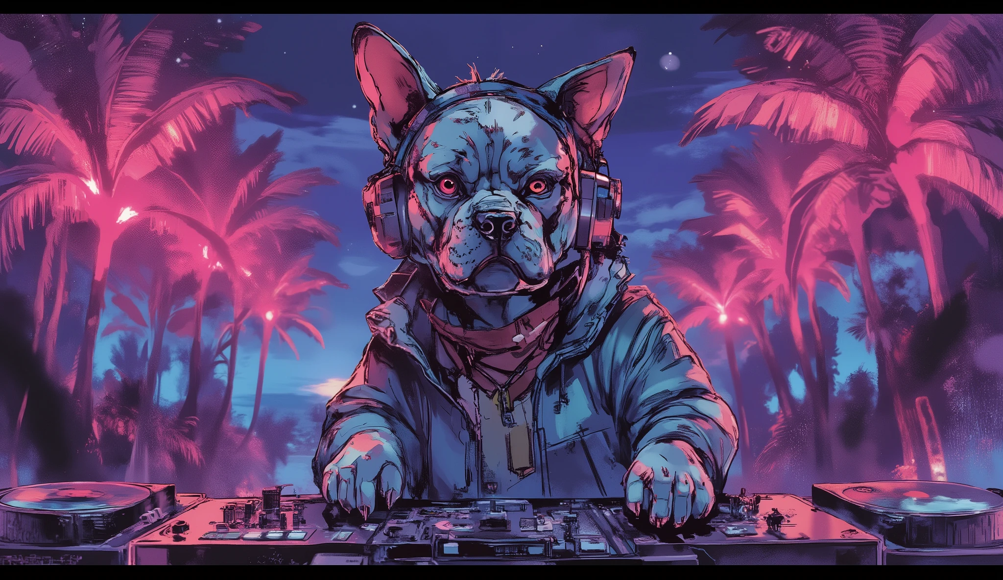 tropical resort party night、Wear HIPHOP clothes、Bulldog standing in DJ booth with headphones on、dynamic composition in solution、high definition、beautiful in every detail、anime style、Super high quality、Highest Quality、8k resolution
