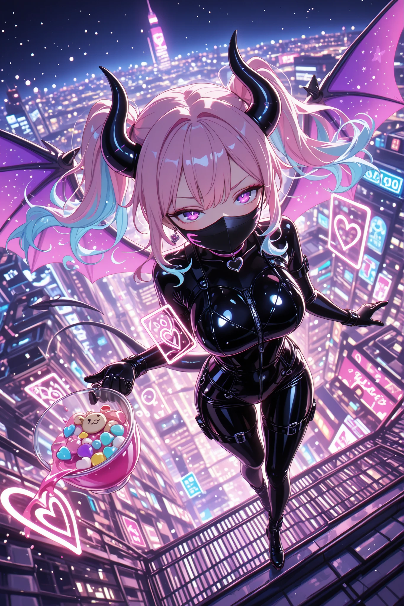(masterpiece, best quality:1.1, ultra-detailed, 8k, neon light art style, cinematic moody contrast, reflective latex texture)

perspective dynamic from above,
((candies, spilling bright sweets)),
colorful sweets scattering in air,

1girl, ((purple eye)), ((two-tone hair, pink hair, light blue hair,)), twin tails, (black horn), (heart charm choker), dragon wings,

wearing black latex bodysuit, moonlight reflection on latex,
face mask, thief aesthetic,

mid-motion leap over glowing city rooftop,
subtle motion blur emphasizing escape,
glowing particles,

holographic ads,
faint blue light, magenta rim lights,

soft lens bloom on bright highlights, playful smirk,
mysterious aura, painterly neon glow atmosphere
