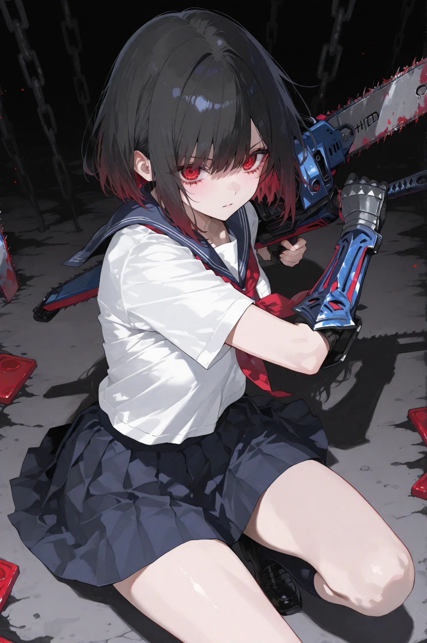 a lonely boy... black hair... with bangs and a short ponytail... pastel green eyes... sleepy and serene look... snow white skin... unreal beauty... With a card with a heart in his right hand... And on the left with a knife with blood... The boy is dressed in a white sweater with blood stains... Shorts showing her thighs...  a little big... Male gender...