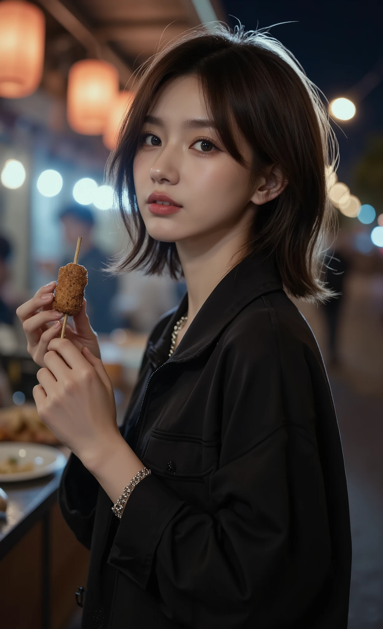 (masterpiece:1.4), (best quality:1.3), (photo realistic:1.3), (ultra-detailed:1.3), (Flux realistic cinematic style:1.3), (DSLR photo:1.2),
close-up portrait of a beautiful Asian woman (oval face:1.2), soft expression, standing in front of a street kebab stall at a night market, 
soft bokeh, smoke and neon reflections in the air, warm orange and blue tones, 
street fashion outfit, oversized black jacket, short inner top, cargo pants, silver chain accessories, 
short brown hair (soft bob cut, slightly messy from the breeze), 
(light hazel eyes:1.1) reflecting street lights, delicate eyelashes, small, round nose, (pink lips:1.1), fair skin with soft glow, big boobs, slim, feminine body, balanced proportions, elegant posture,
smiling brightly while holding a kebab in one hand, 
side profile, dynamic, slightly upward angle, 
captured with 85mm lens, f/1.8, cinematic depth of field, 
steam and fire glow from the grill, illuminating her face, 
(soft natural smile:1.2), (catchlight eyes:1.2), (skin texture detailed:1.1), 
background filled with blurred lanterns, street lights, and people's silhouettes, 
photorealistic lighting, shallow DOF, professional photography composition.