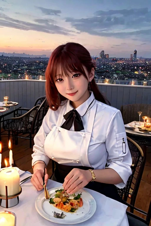 (highest quality, masterpiece:1.3, 超A high resolution), (Very detailed, Caustics), (Realistic:1.4, RAW shooting), Ultra-Realistic Capture, Very detailed,High resolution 16k, Human skin close-up, The skin texture is natural, It must be detailed enough to be easily identifiable,  Skin should look healthy and have an even tone, Use natural light and color, ((Dark Blue Blazer:1.4)), ((the body is slim)), girl, Japanese, 18-year-old, cute, Straight Long Hair, Big Breasts, smile, Turn your body forward, (View from the front:1.1), Looking into the camera, focused on the chest, Light brown hair, ((Black choker)), Very long and bushy eyelashes, blue eyes, bangs、Luxury Hotel Lounge, Marble wall, sofa, ((Beef on a tray, luxurious counter:1.4)), Big Breasts, Red lips, The background is marble wall