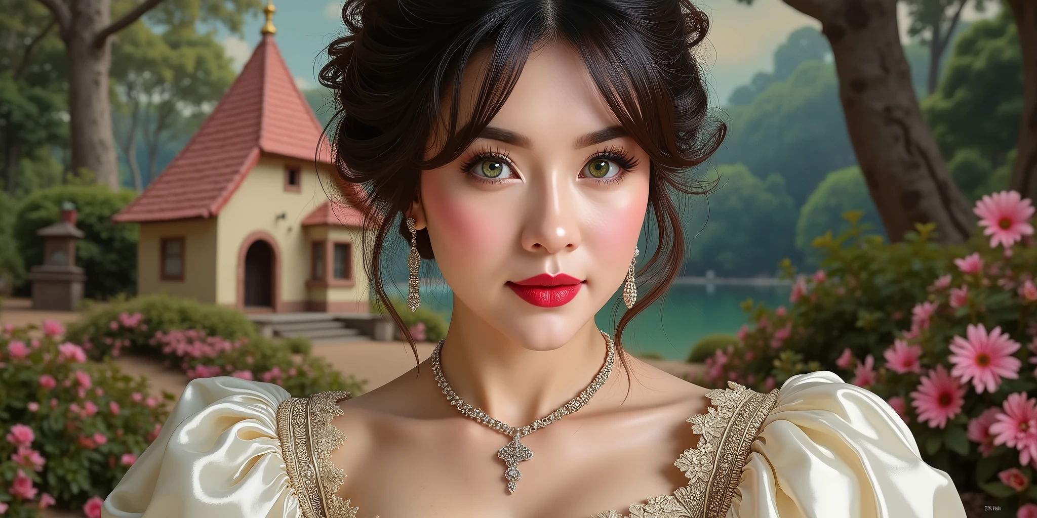 Madame of the French court,Rococo fluffy skirt,(Extremely Delicately Beautiful:1.2),8K,(tmasterpiece:1.0),(Best_quality:1.0),1girll,Mature woman,Complicated details,enlarged textures,Complicated details,Fine eyes and detailed face,Complicated details,(Keep one's mouth shut),perfect eyes,Equal eyes,Perfect body,extremely detailed nipple,Extremely realistic 3D,Raised sexy,brunette color hair,((Very detailed eyes))heal,Delicate eyeliner。long eyelasher,greene eyes,Black pupils,There is starlight in the eyes,Delicate lip detailing,Oil painting quality,Thick painting style,Fantasy Forest,Candy Cottage