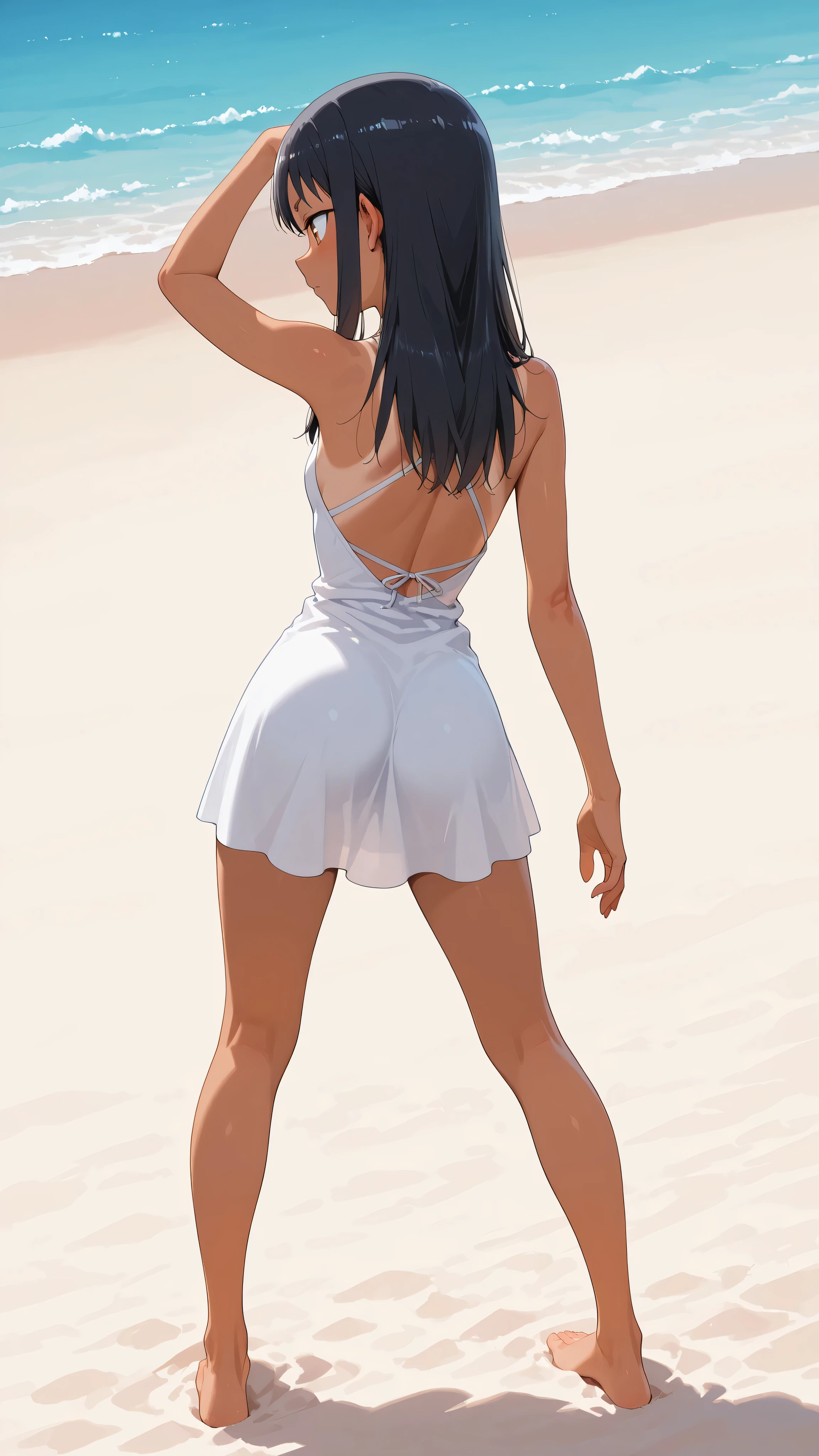 masterpiece, best quality, amazing quality, very aesthetic, absurdres, newest, detailed background, 8k,
beach, beach background, sfw
1girl, hayase nagatoro, nagatoro hayase, long hair, bangs, black hair, tan, white shirt, back focus, thin-straps dress, exposed back dress, white dress, full body, longshot, barefoot, open legs, pose, sand, 