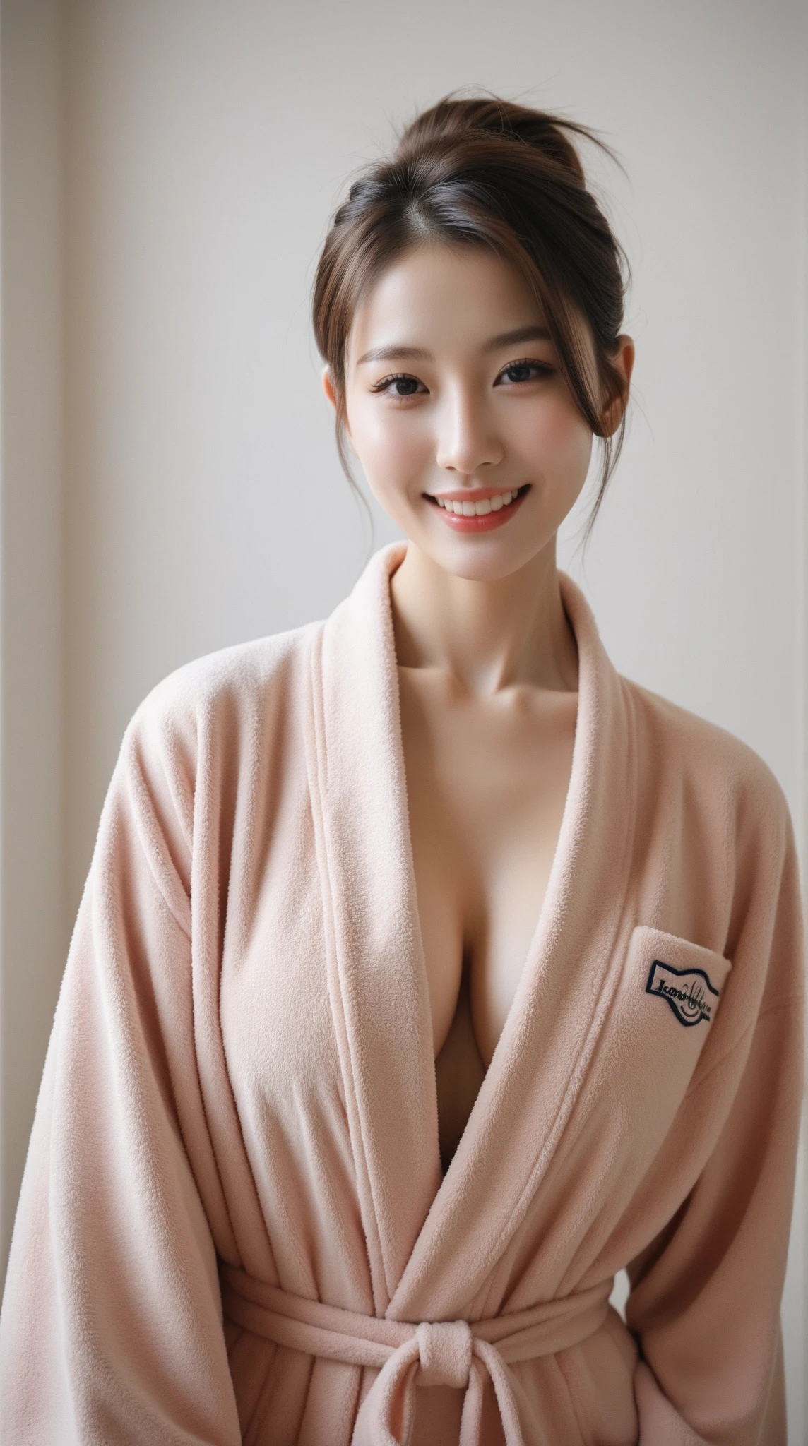 (small tits: 1.6), (masutepiece), of the highest quality, Very detailed, Flowers, Delicate and beautiful, (Since a while ago), (1 person: 1.4), (Solo: 1.2),  (((Pink bathrobe: 1.6)), ( and wearing only a bathrobe), ((Brown skin: 1.6)), Beautiful eyes, (disheveled short light brown braid hair), Photography, Professional, Canon Camera, (teats), Embarrassed expression, Camera gaze, Full body, (Big buttocks: 1.3), sweat-wet skin, ((Wet body)), Large bedroom, Large windows with a night view, Night, Smile,Open the front of the bathrobe、show breast、Show  、Show 、Open bathrobe、sixteen years old、