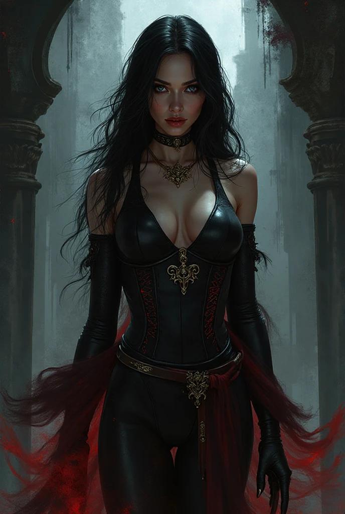 Close-up portrait of me in a gothic setting of Castlevania, with long, curly brown hair, wearing red and black metallic bikinis, light green eyes, intricate details, digital painting by Ayami Kojima, Greg Rutkowski and Genzoman. The background is dark and Gothic, adding to the mysterious atmosphere. This art is on the rise at ArtStation, capturing the essence of the iconic Symphony of the Night game. The illustration is soft, with sharp focus, showing the beauty and fascination of me