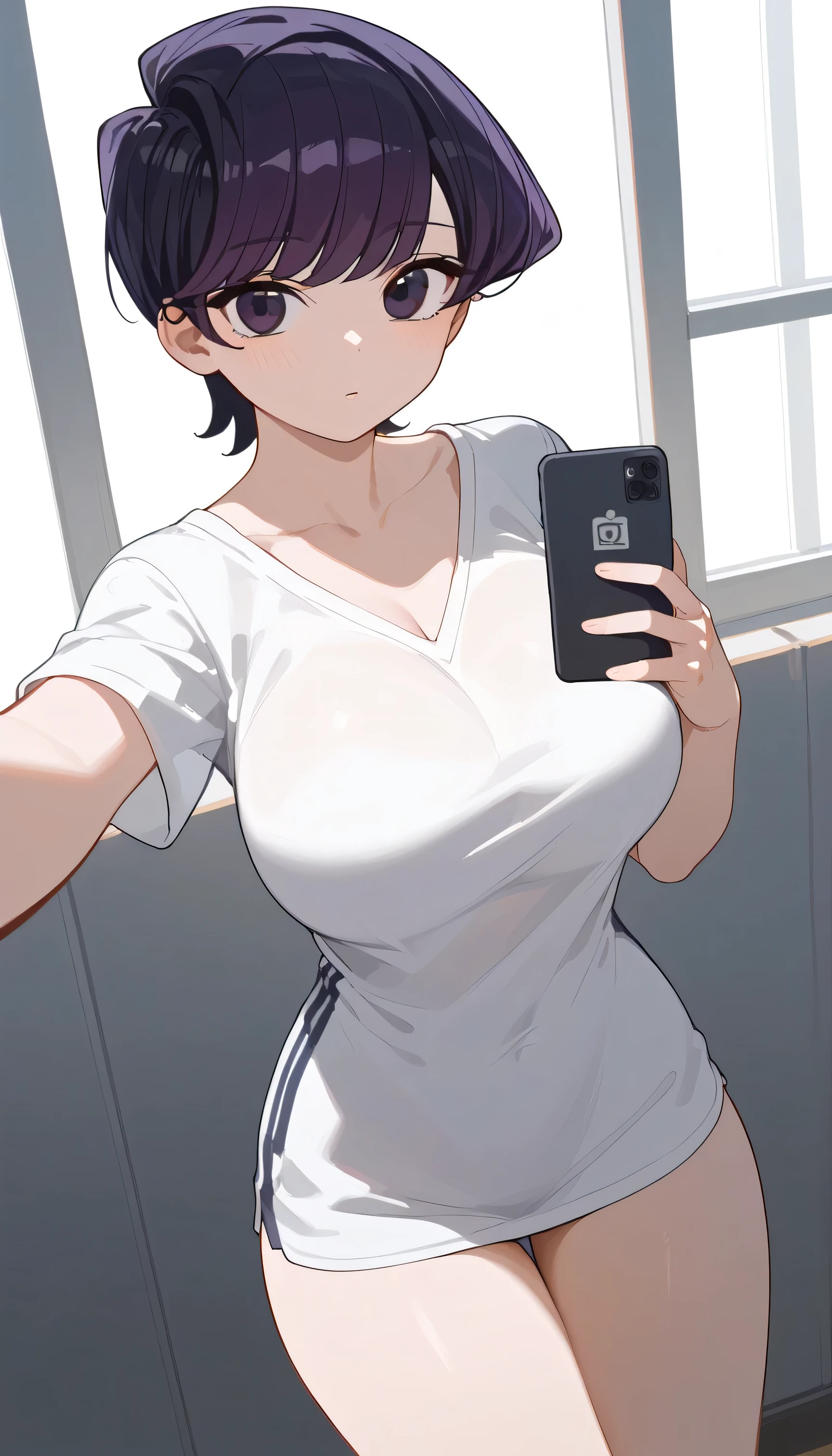 Score_9, score_8_up, score_7_up, score_6_up, source_anime, Nyantcha style, 1 girl, shuuko komi, short hair, black hair, black eyes, adult woman, young woman,, detailed eyes, beautiful eyes, black eyes, busty, huge breasts, wide hips, thick thighs, long legs, taking a selfie