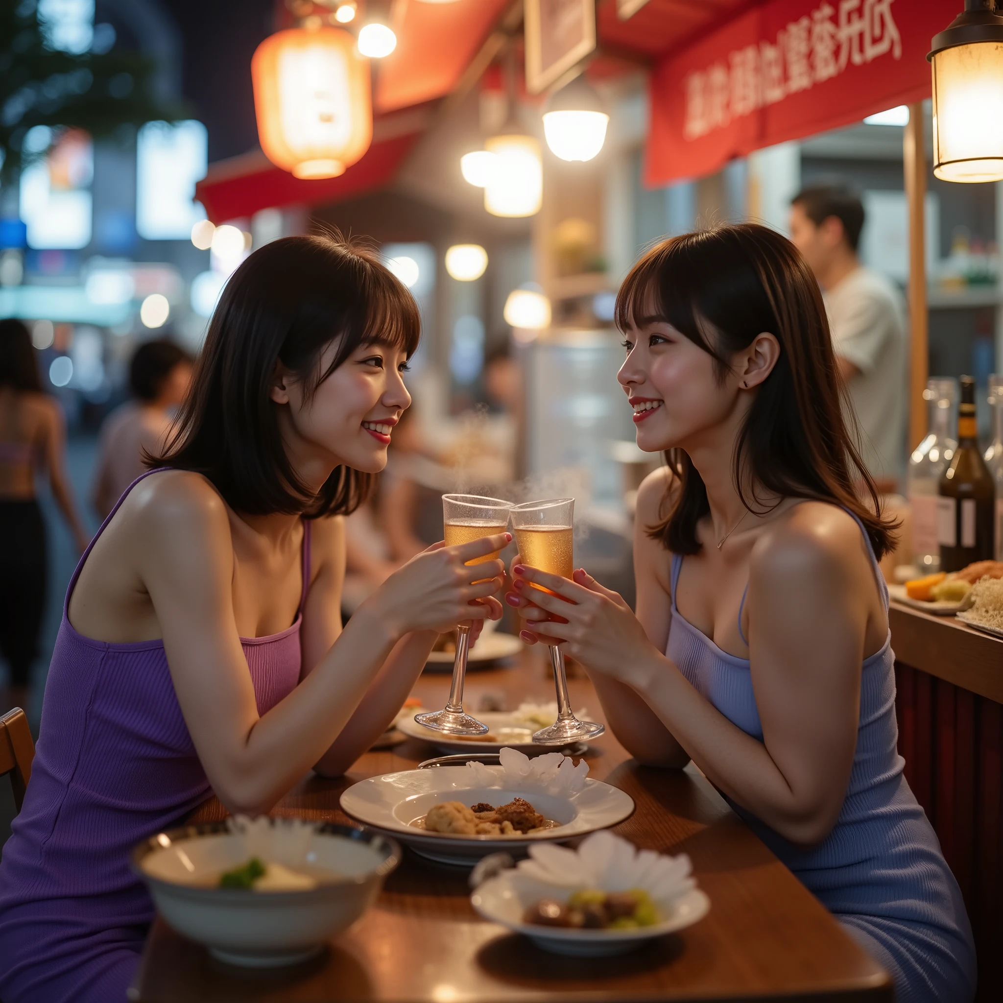 Two top Japanese female idols on a date at a food stall、Inside a night market、An intimate conversation amidst rising steam from oden、Laughing and toasting、in a casual tight-fitting knit dress, the two of them each have ultra-tight rubberized luster in reddish purple and blue-purple、Ultra clear focus, photorealistic, beautiful detailed depiction、The warm light of the red noren and lanterns of a food stall、people around々blurry silhouette、urban night hustle and bustle、A realistic photograph highlighting their beauty、The contrast between natural light and the lighting of a food stall、High-resolution image taken with a Nikon Z7、Documentary style that captures everyday life, raw photos with realistic sharp edges from a portrait shoot