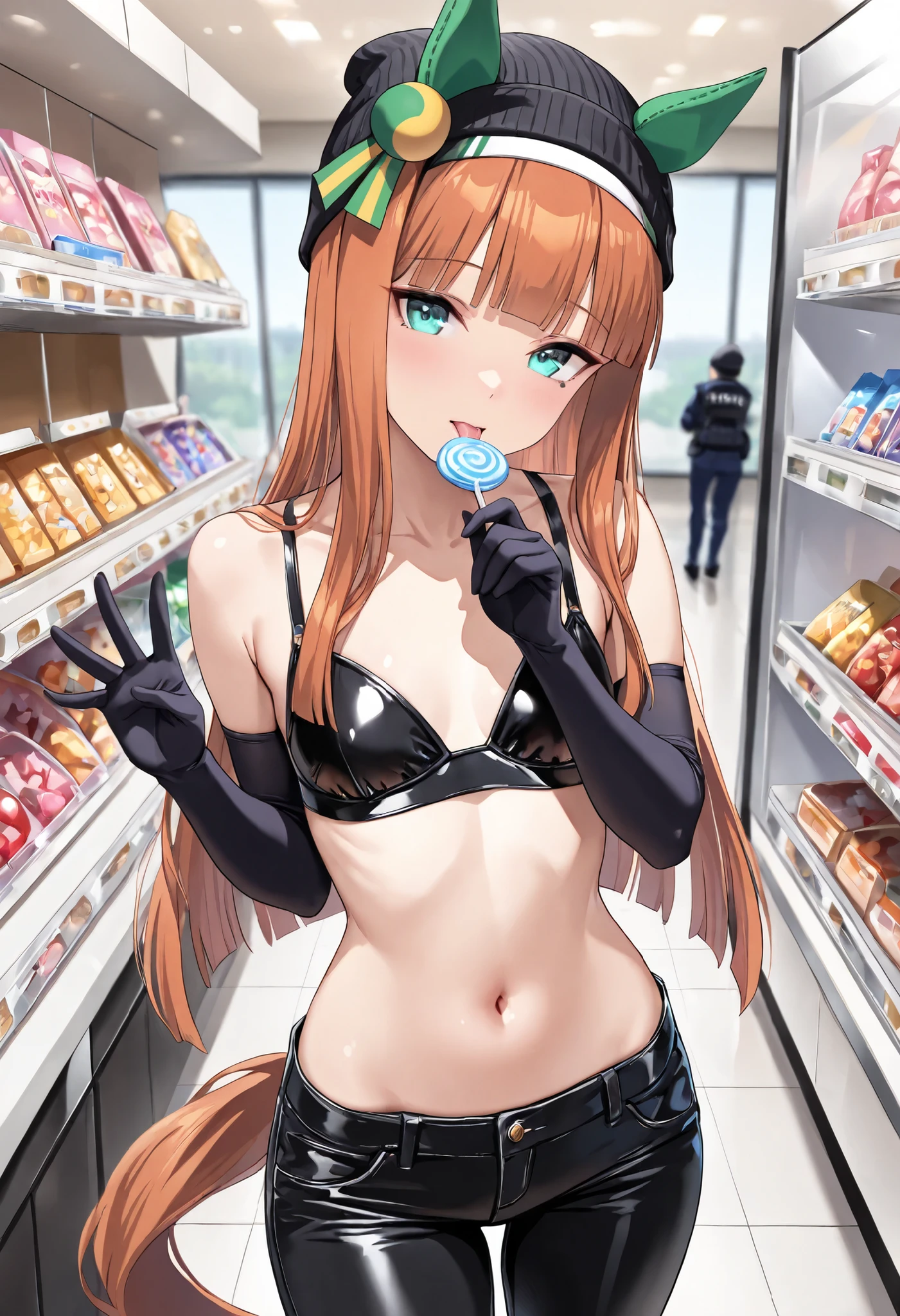 (masterpiece, best quality, perfect face:1.4), wide angle, silence suzuka \(umamusume\), horse ears, ear cover, white headband, small breasts, horse tail, tail on the lower back, proportional body, proportional,1 girl, beautiful hair, beautiful face, beautiful detailed eyes, beautiful clavicle, beautiful body, beautiful chest, beautiful thigh, beautiful legs, beautiful fingers, looking at viewer, BREAK black beanie and dark makeup, sensually licking a large stolen lollipop, thick thighs, wide hip, low leg pants, navel, head tilt, candy store visible in background, security camera in frame, tense atmosphere, golden hour lighting, realistic lighting, dramatic shadows, scenery, depth of field, standing pose, confident expression, glossy texture, textured skin, realistic skin, HDR, BREAK, (perfect hands, perfect anatomy),