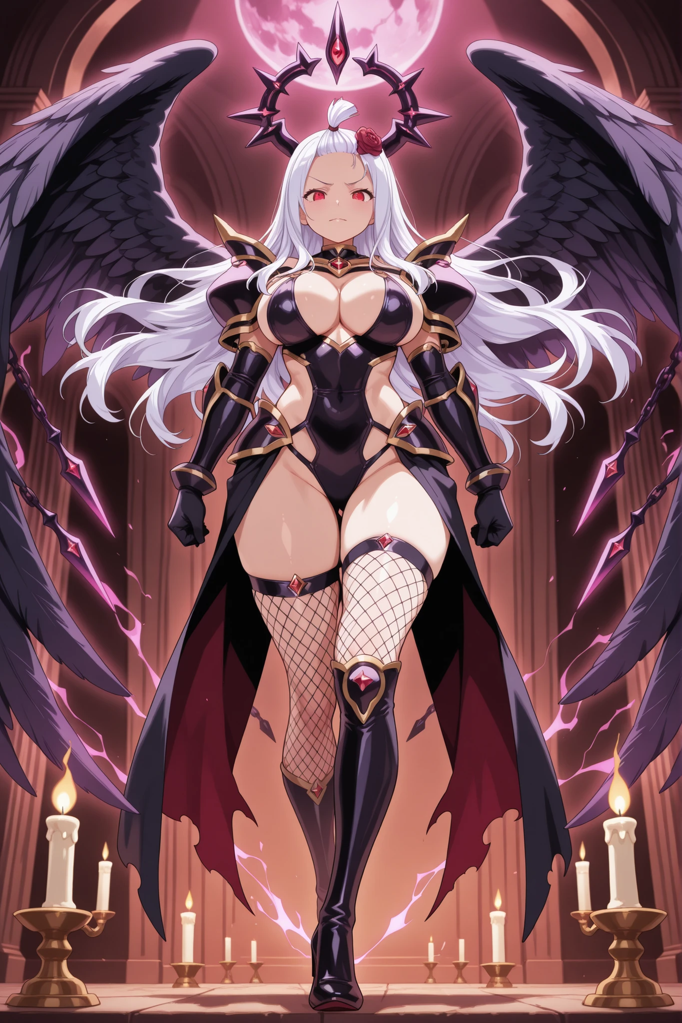 Mirajane Strauss in her Satan Soul form, surrounded by dark energy and floating chains in an enchanted dungeon. She wears intricate demonic armor with metal accents, fishnet stockings, and high heels, showcasing her toned physique and fierce expression. The dim lighting highlights her glowing skin and detailed wings, with candlelight creating dramatic shadows. Masterpiece quality, hyper-detailed anatomy, 8K wallpaper, and a blend of sensual confrontation and raw magical power.