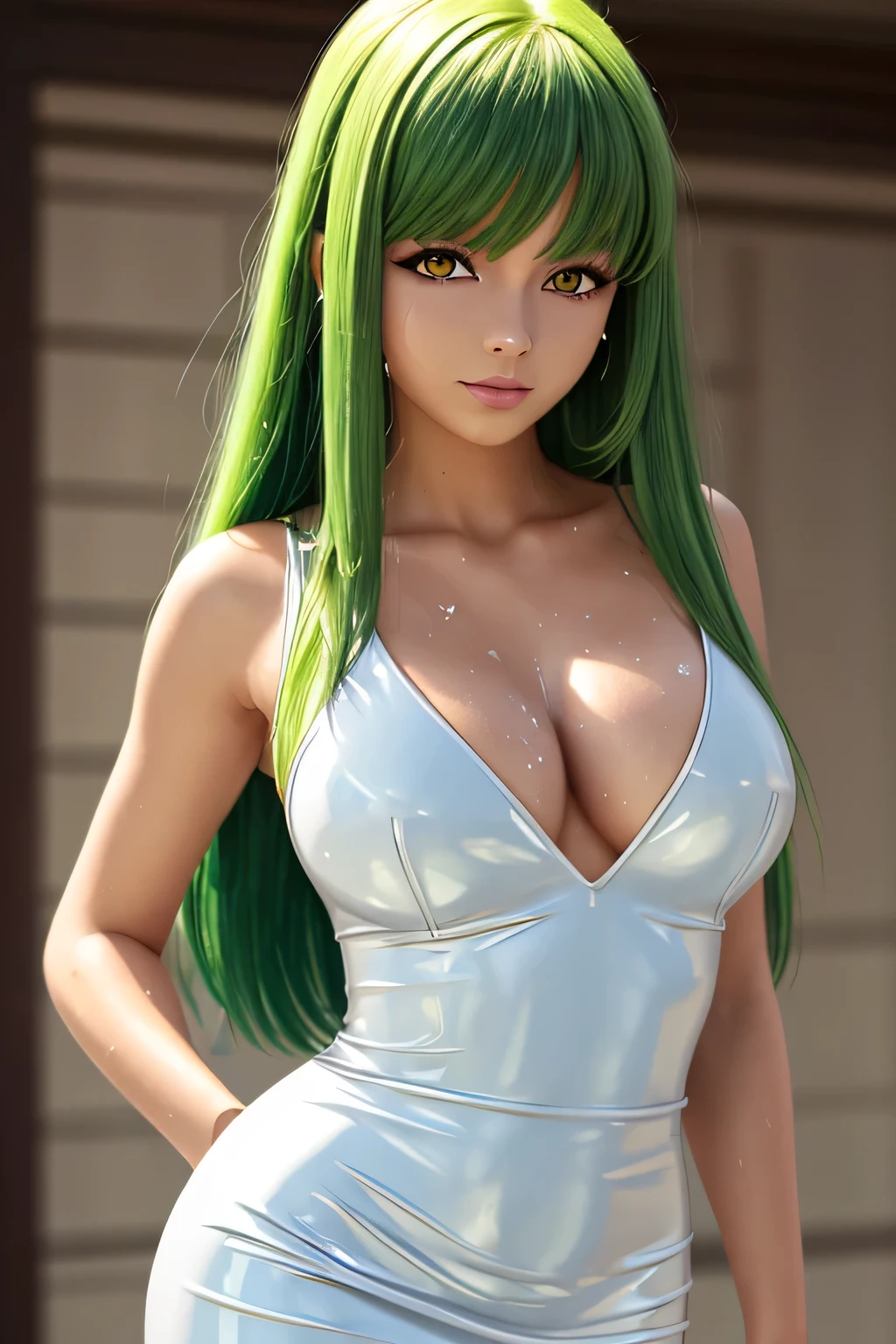 perfect anatomy Highest Quality, highest resolution,(((shiny latex white dress shiny green hair long hair yellow eyes sweat shiny skin))) C.C is cool