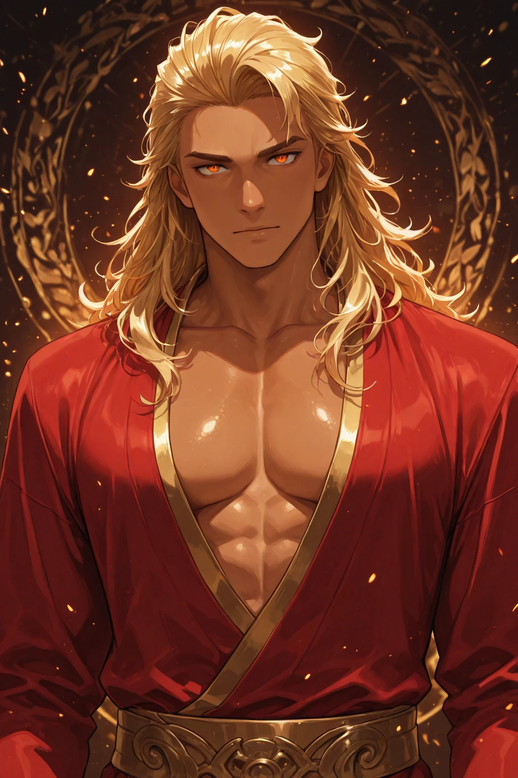 masterpiece, best quality, 1 male, adult, mature, tall muscular guy, buddhist monk theme, long blonde hair, (upper body)