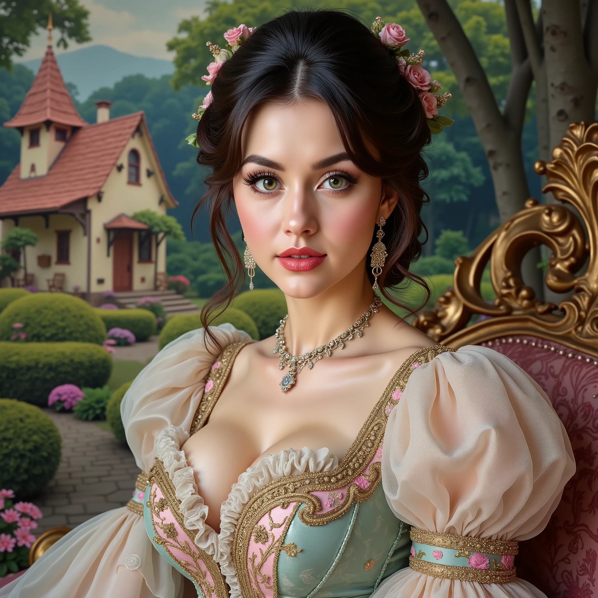 Madame of the French court，Rococo fluffy skirt，（Extremely Delicately Beautiful：1.2），8K，（tmasterpiece：1.0），（Best_quality：1.0），1girll，Mature woman，Complicated details，enlarged textures，Complicated details，Fine eyes and detailed face，Complicated details，（Keep one's mouth shut），perfect  eyes，Equal eyes，Perfect body，extremely detailed nipple，Extremely realistic 3D，Raised sexy，brunette color hair，（（Very detailed eyes））heal，Delicate eyeliner。long eyelasher，greene eyes，Black pupils，There is starlight in the eyes，Delicate lip detailing，Oil painting quality，Thick painting style，Fantasy Forest，Candy Cottage