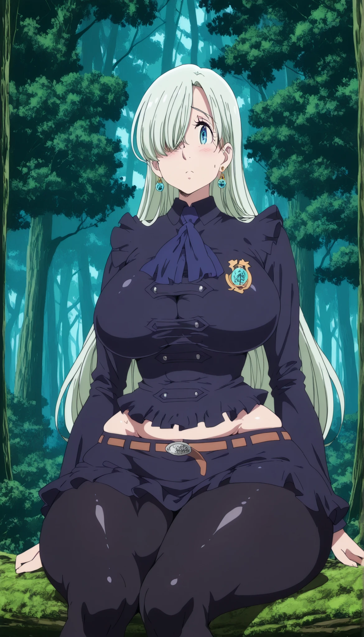 Elizabeth Liones, long hair, white hair,  Hair Right Eye Closure , Blue Eye, big breasts, thick plumpy thighs, wide curvy hips, voluptuous body, Curvy body, thicc woman, wearing sexy school uniform, wear black tights, sit, Forest background, low angle image