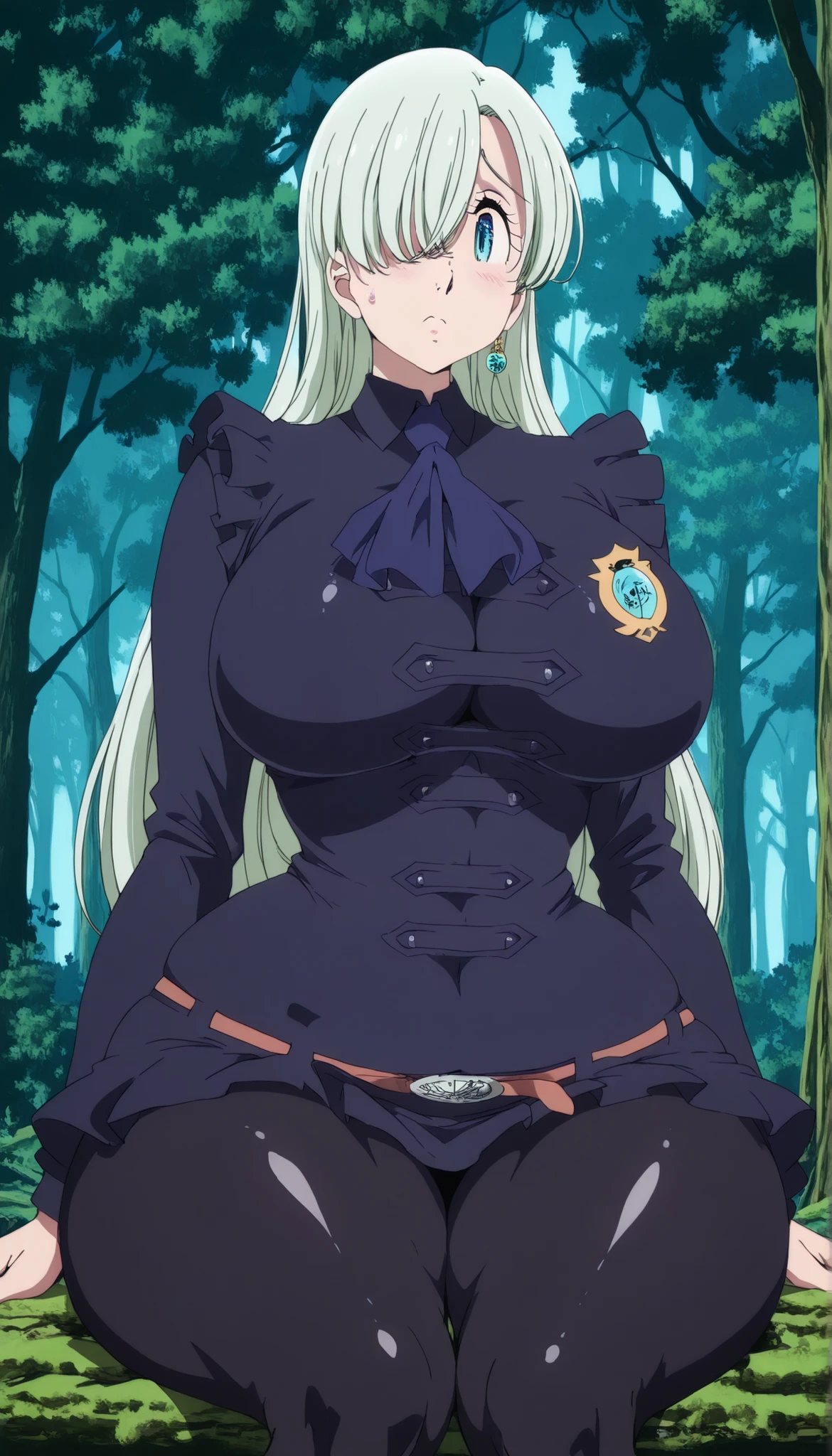 Elizabeth Liones, long hair, white hair,  Hair Right Eye Closure , Blue Eye, big breasts, thick plumpy thighs, wide curvy hips, voluptuous body, Curvy body, thicc woman, wearing sexy school uniform, wear black tights, sit, Forest background, low angle image