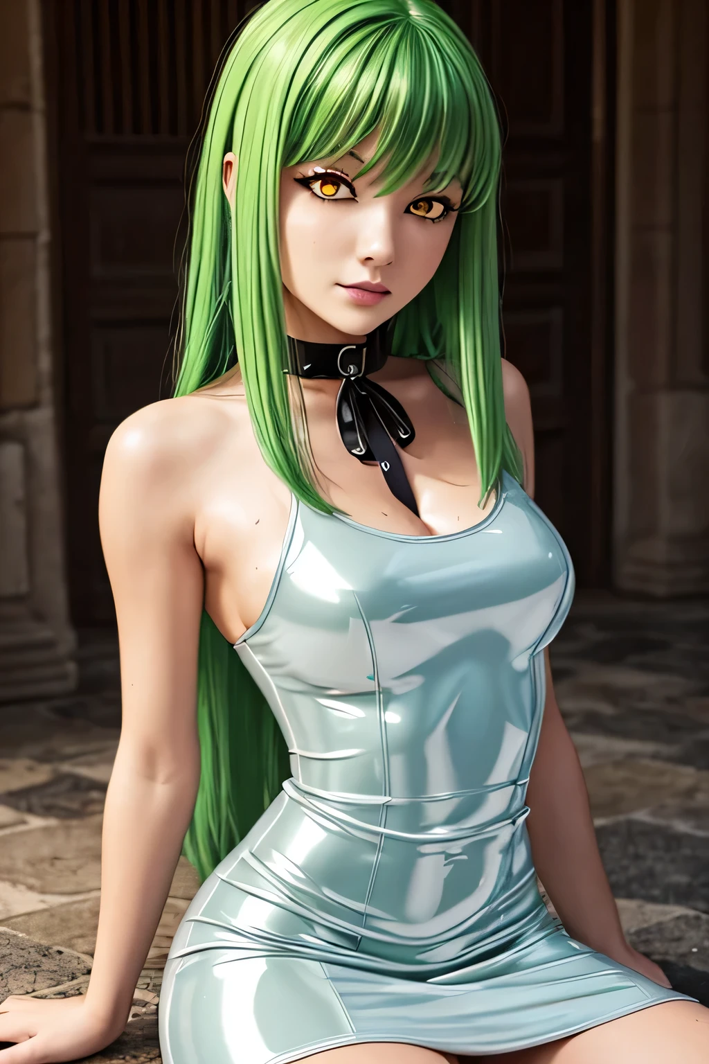 perfect anatomy Highest Quality, highest resolution,(((shiny latex white gothic dress shiny green hair long hair yellow eyes sweat shiny skin))) C.C is cool