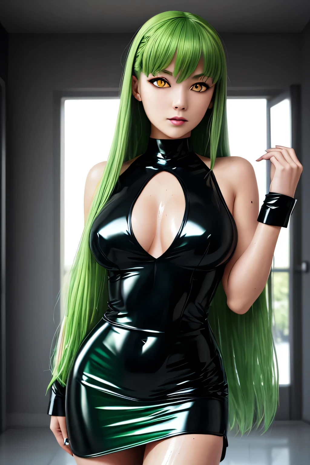 perfect anatomy Highest Quality, highest resolution,(((shiny latex white gothic dress shiny green hair long hair yellow eyes sweat shiny skin))) C.C is cool