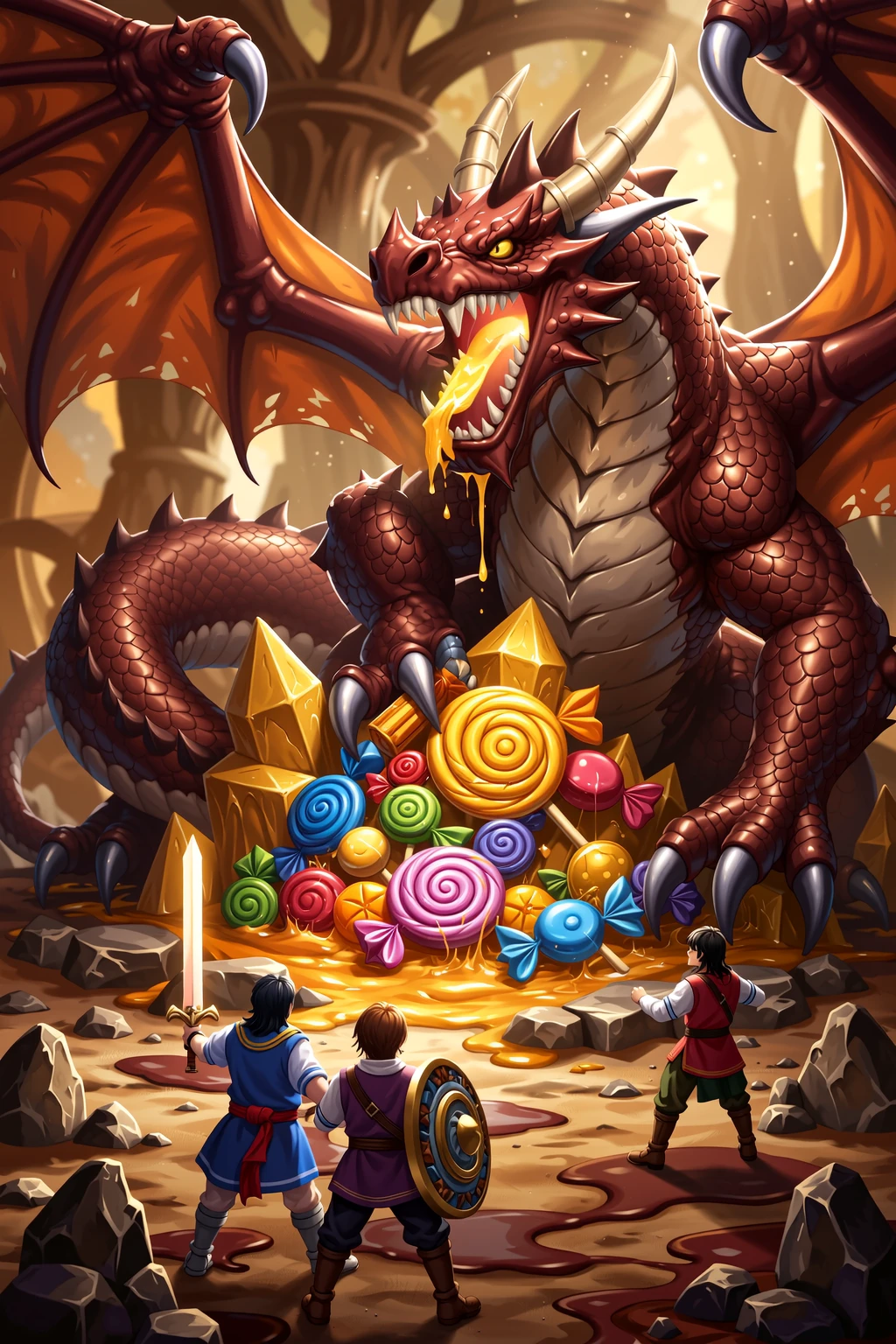 A treasure chest mimic opens its toothy maw and chases after a cute halfling thief woman, dungeon, high fantasy
