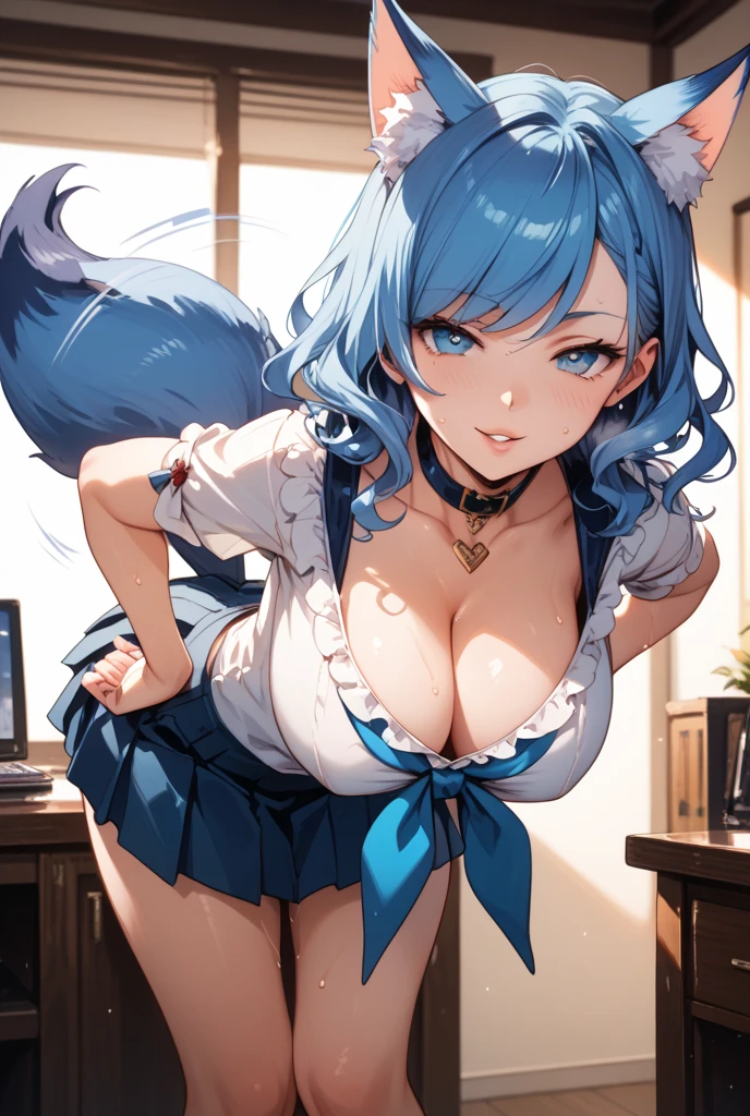 Super Detail, High resolution, Beautuful Women、Glowing blue crying eyes, perfectly proportions,a closeup、Speciality、Grown-up、Dark blue hair、large and lush breasts、looking upwards、A slight smil、行走、Hold out your chest、give me your breasts、Touching the 、Touching the udder、Hide the  with your hands、emphasizing breasts、Appeal the udder、Slouching posture、(( are visible))、((top-quality))、8K、Professional Writing、An ultra-high picture quality