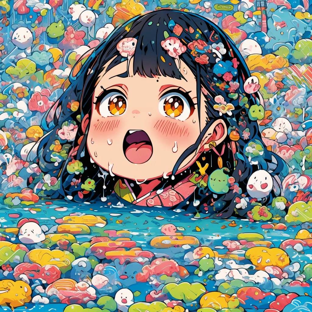 Black Hair 、short hair、Blue inner hair mesh、、Completely 、、Big 、Big, long, puffy 、Big, long, swollen 、、Angle of view from above、I cry with pain、Surrounded by many men、The is hurt、