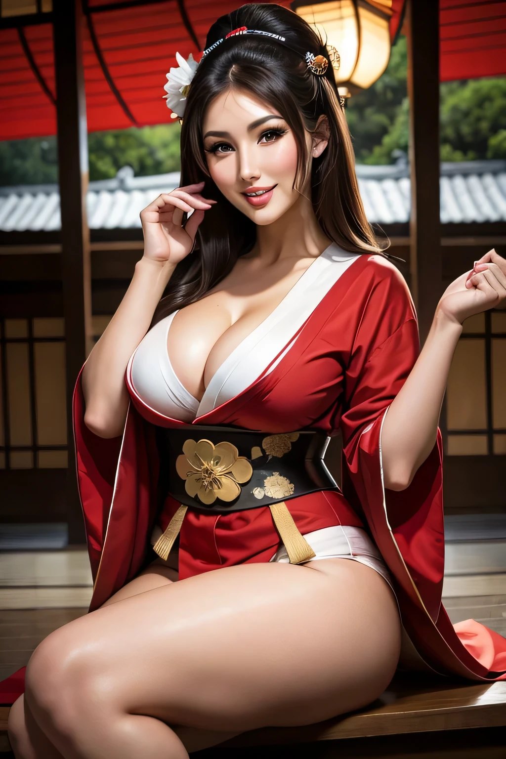 In the serene embrace of a Japanese Shinto shrine, behold a photo of a beautiful miko. Dressed in traditional robes adorned with sacred symbols, she carries an air of reverence and grace. With a gentle smile, she performs sacred rituals, embodying the spirit of the shrine's ancient traditions. (Serene, Sacred, Graceful), (Traditional miko attire:1.3), (Intricate details:1.2), (Photorealistic:1.2), (Reverent, Tranquil, Spiritually-connected), inspired by the timeless art of Utagawa Hiroshige and the spiritual essence of Shinto practices, smile, big breasts,