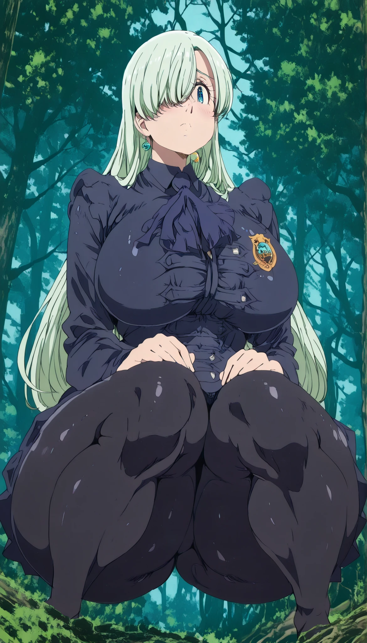 Elizabeth Liones, long hair, white hair, Hair Right Eye Closure , Blue Eye, big breasts, thick plumpy thighs, wide curvy hips, voluptuous body, Curvy body, thicc woman, wearing sexy school uniform, wear black tights, Forest background, low angle images, in squats position, legs spreading wide