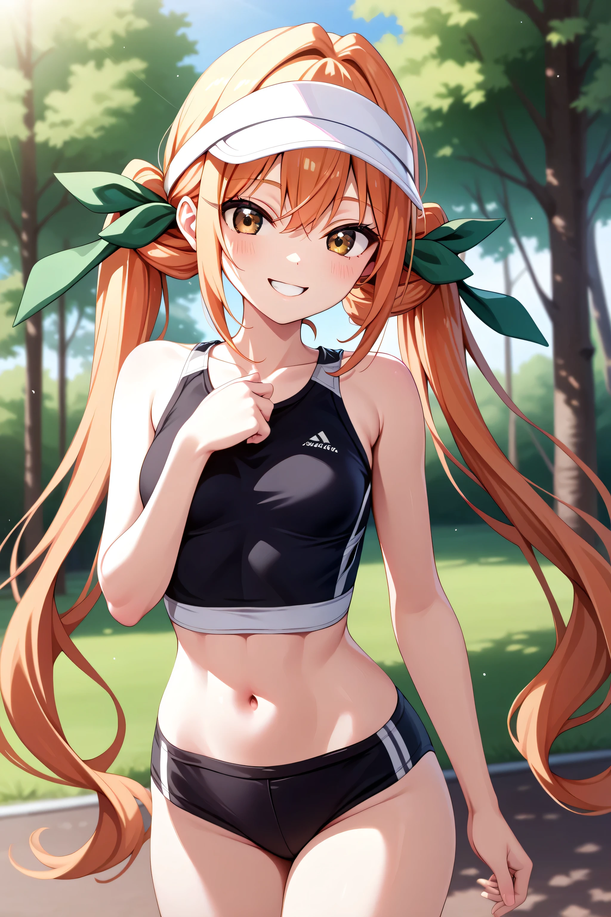1girl, solo, karane_inda, brown eyes, orange hair, very long hair, low twintails, green ribbon, hair ribbon, small breast, slender waist, black sports bra, white visor cap, Parks, trees, ,, . ,.. ,( masterpiece, best quality, high resolution, ultra high resolution, pixel perfect, depth of field, 4K, RTTX10.0), 、、shiny hair, beautiful eyes,smiling face , , (fine grain), , ,, (masterpiece:1.2, best quality), ((only1 girl,solo)), (( cowboy shot)),