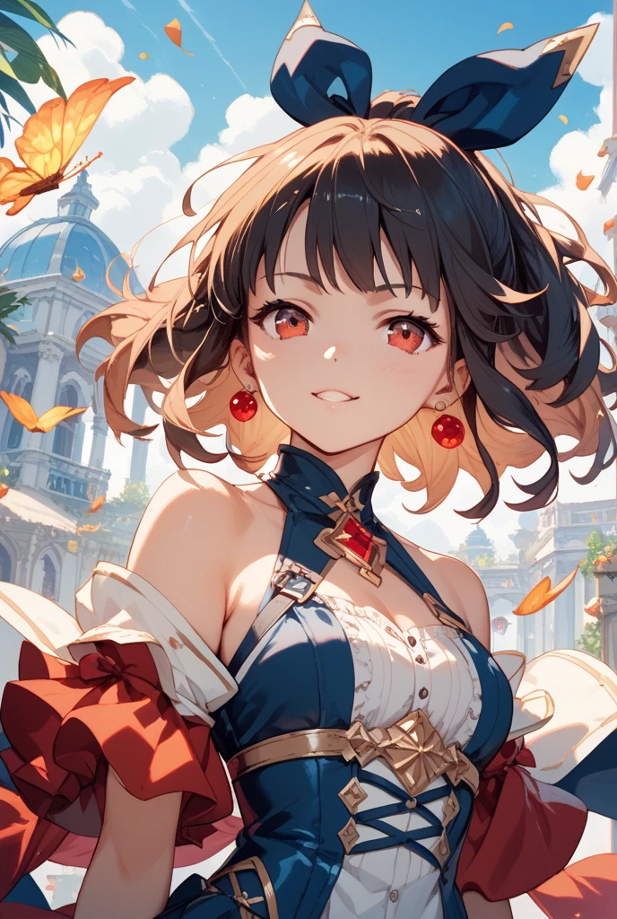 (masterpiece, best quality:1.2), centered, 1girl, solo, portrait, orange hair, cute smile, dynamic angle, red dress,